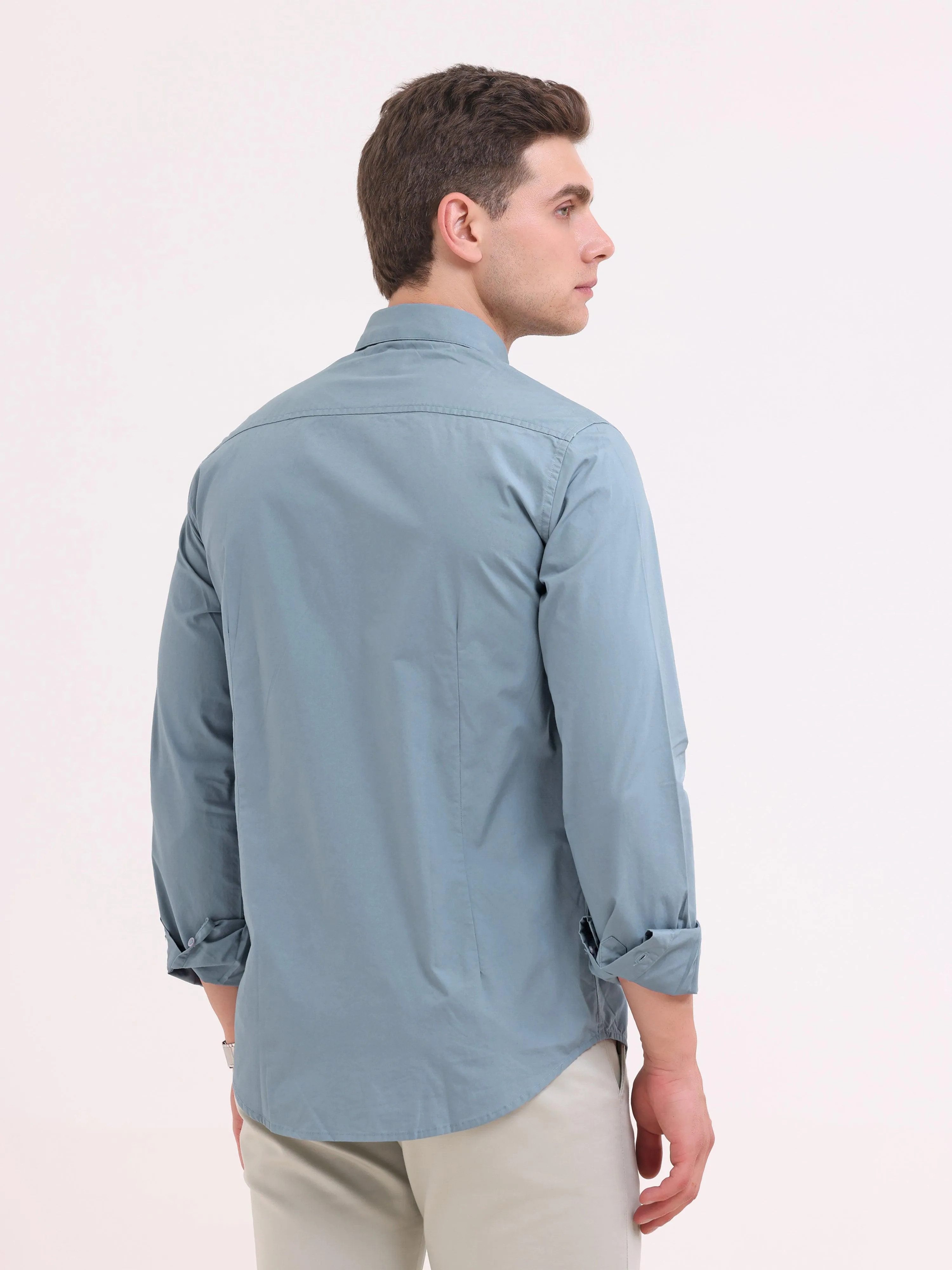 Orchida Plain Full Sleeve Poplin Shirt Cement Blue