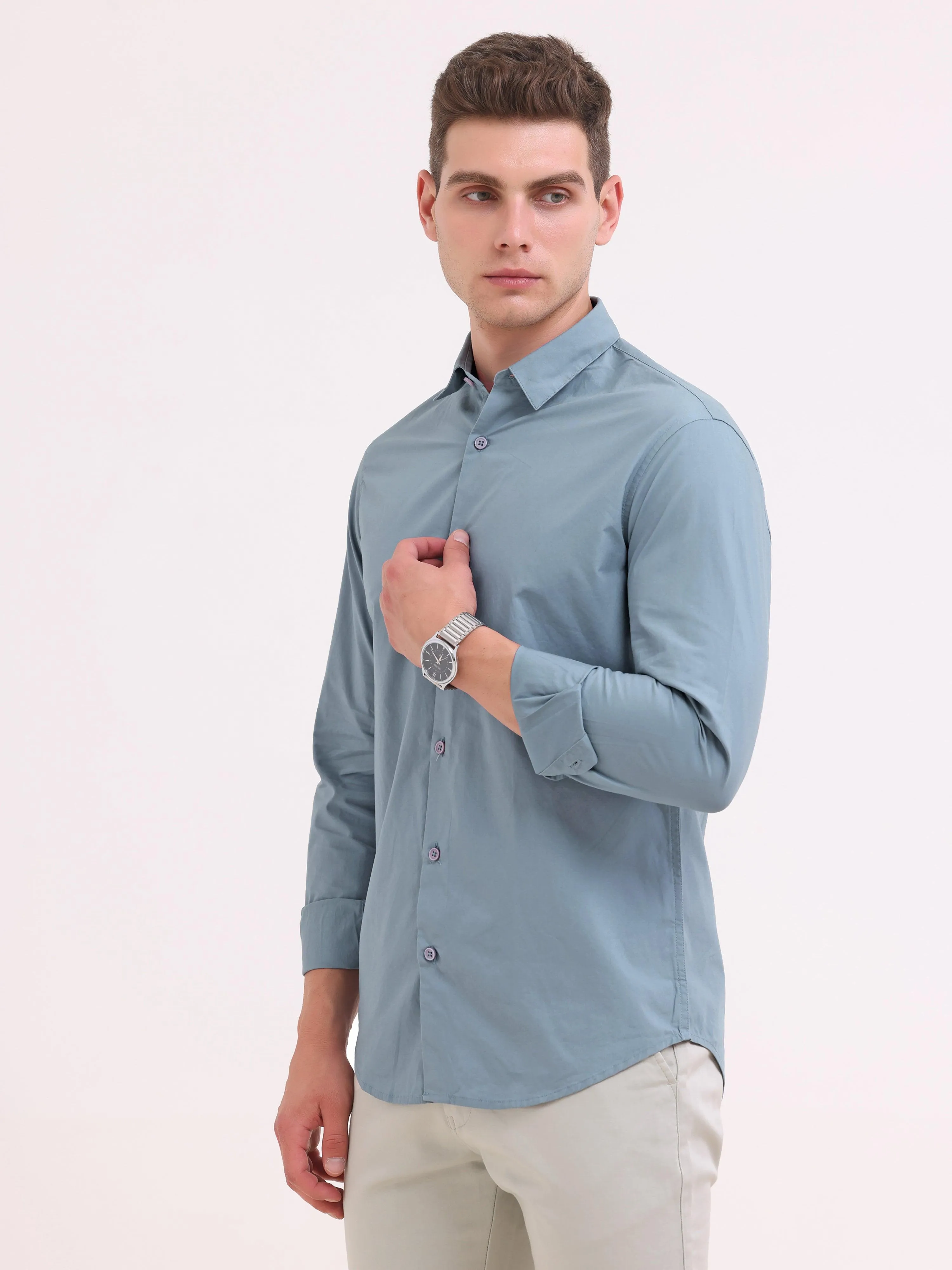 Orchida Plain Full Sleeve Poplin Shirt Cement Blue