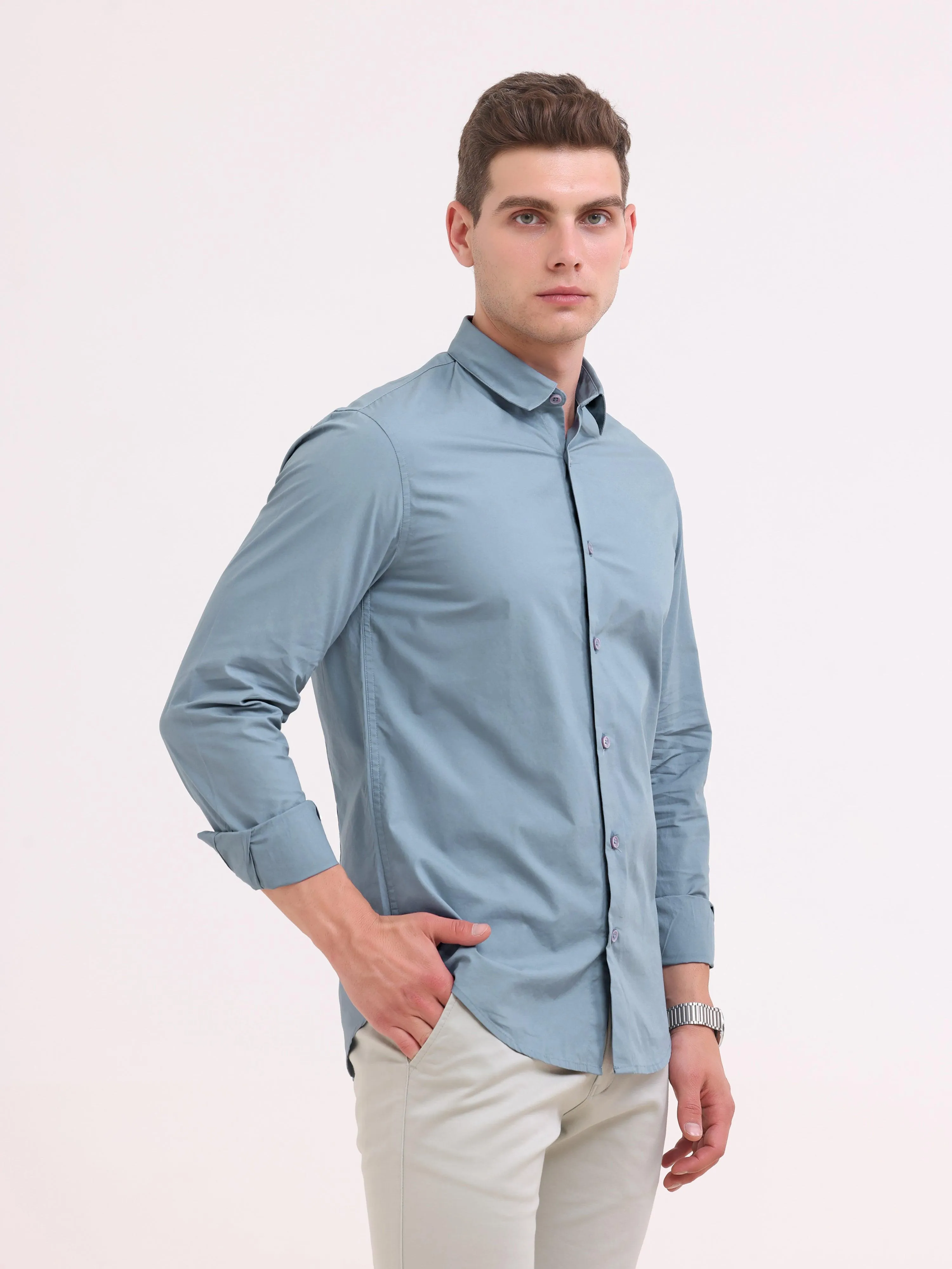 Orchida Plain Full Sleeve Poplin Shirt Cement Blue