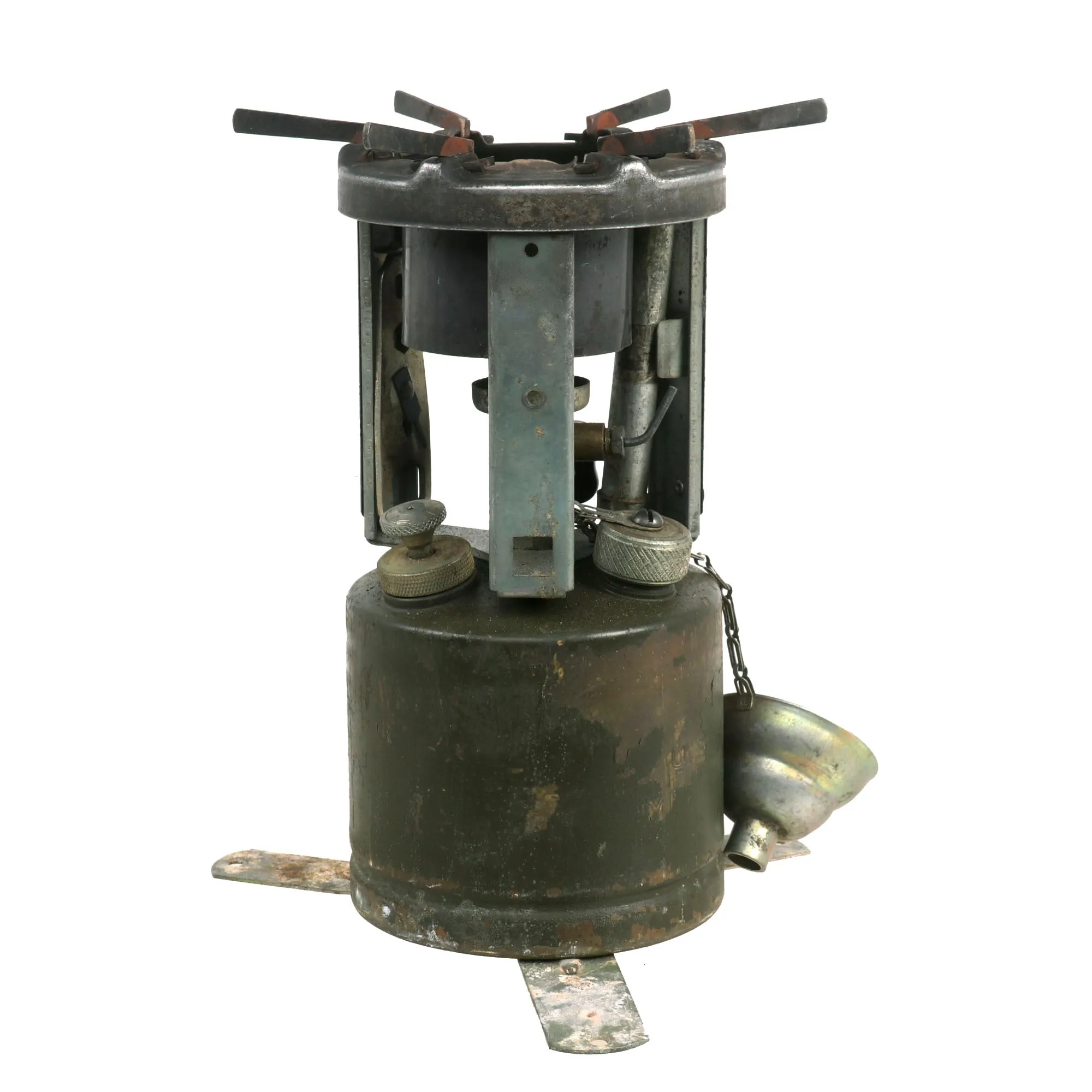 Original WWII U.S. Issue American Gas Machine Company Gasoline Camp Stove in Bayonet "F" Canister - both dated 1945