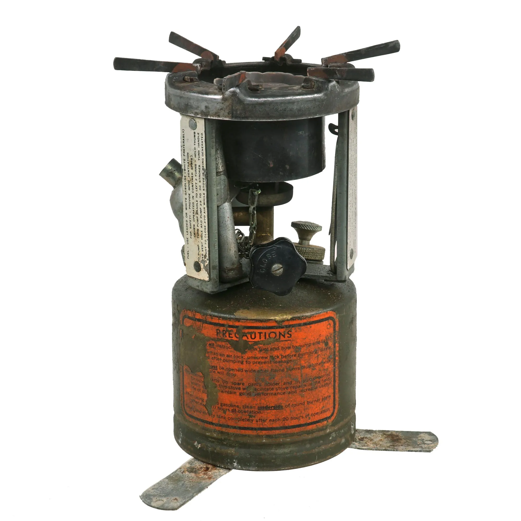 Original WWII U.S. Issue American Gas Machine Company Gasoline Camp Stove in Bayonet "F" Canister - both dated 1945