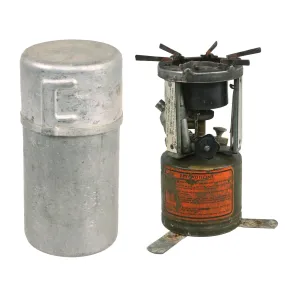 Original WWII U.S. Issue American Gas Machine Company Gasoline Camp Stove in Bayonet "F" Canister - both dated 1945