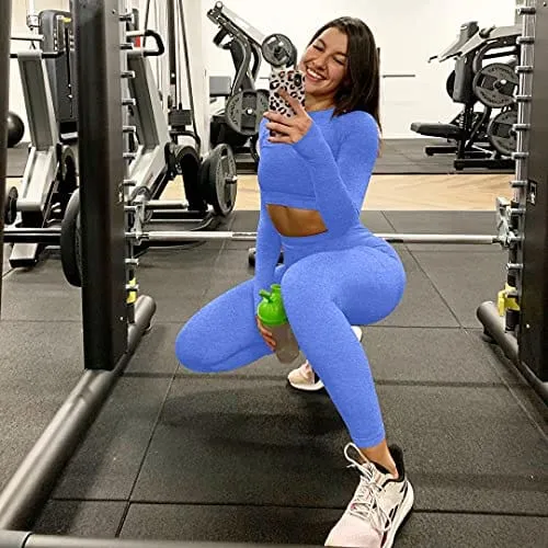 OYS Women's 2 Piece Tracksuit Workout Outfits Seamless High Waist Leggings Sports Long Sleeve Gym Sets Blue