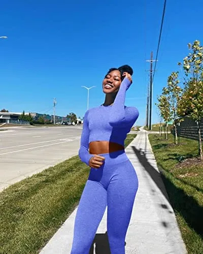 OYS Women's 2 Piece Tracksuit Workout Outfits Seamless High Waist Leggings Sports Long Sleeve Gym Sets Blue