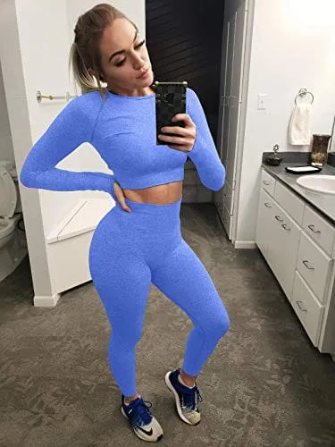 OYS Women's 2 Piece Tracksuit Workout Outfits Seamless High Waist Leggings Sports Long Sleeve Gym Sets Blue