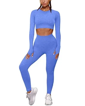 OYS Women's 2 Piece Tracksuit Workout Outfits Seamless High Waist Leggings Sports Long Sleeve Gym Sets Blue