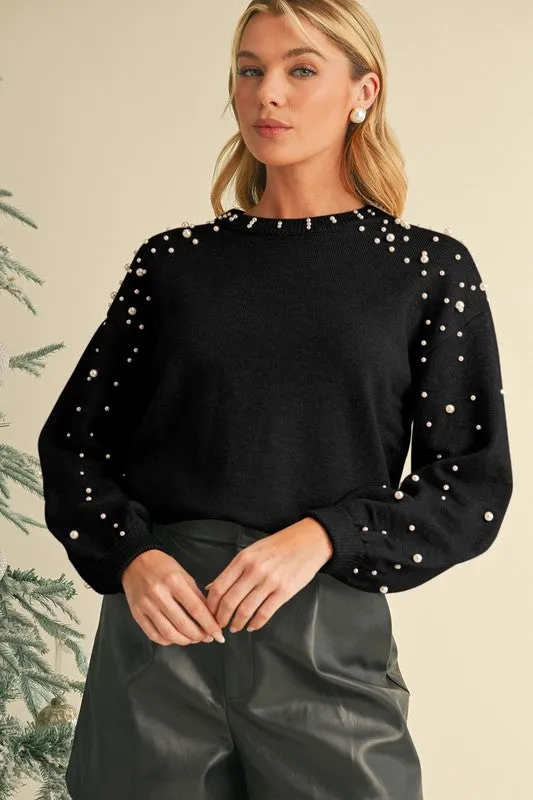 Pearl Drop Shoulder Round Neck Sweater  - Online Exclusive