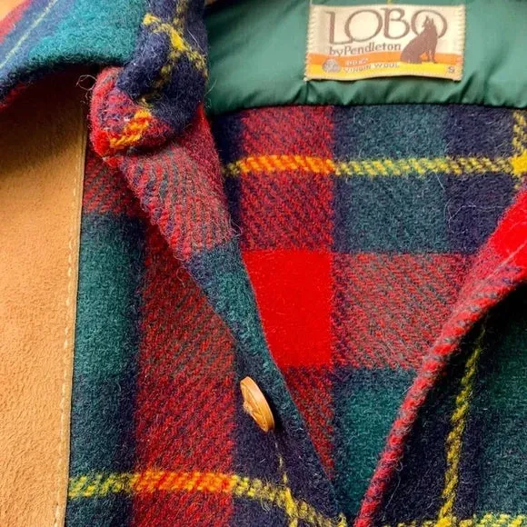 PENDLETON LOBO Vintage Wool Plaid Suede Patch Button Down Shirt Jacket Shacket