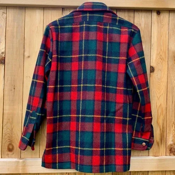 PENDLETON LOBO Vintage Wool Plaid Suede Patch Button Down Shirt Jacket Shacket