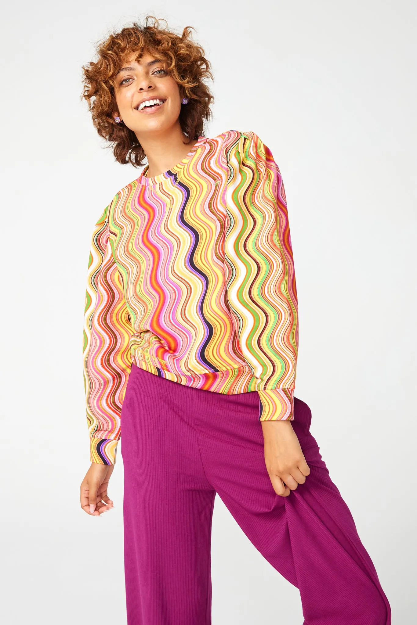 Pleated Sleeve Crop Crew in Swirl Stripe