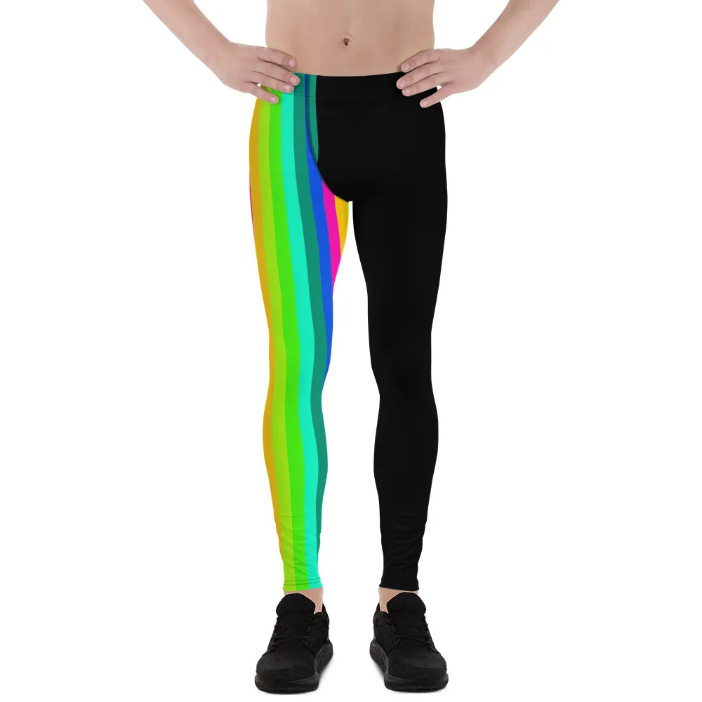 Rainbow Striped Men's Leggings, Black Gay Pride Best Compression Tights Meggings-Made in USA/EU/ MX