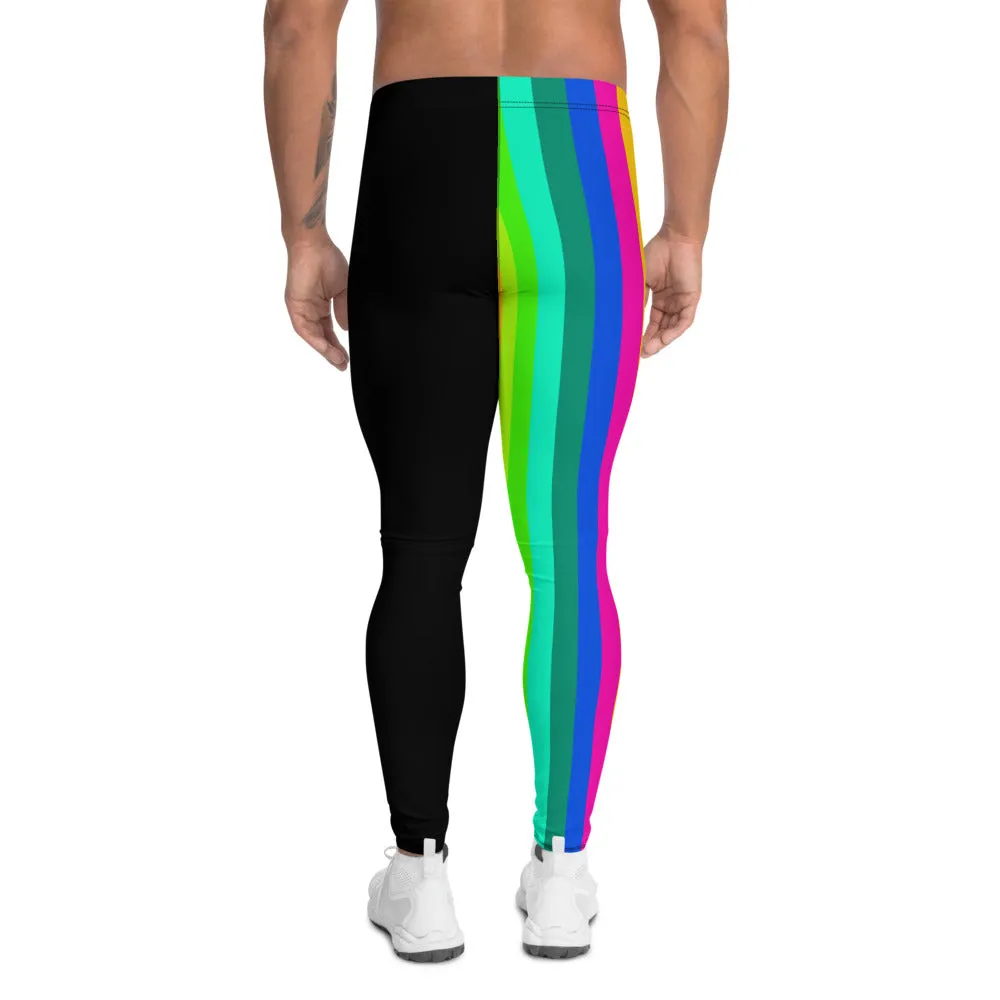 Rainbow Striped Men's Leggings, Black Gay Pride Best Compression Tights Meggings-Made in USA/EU/ MX