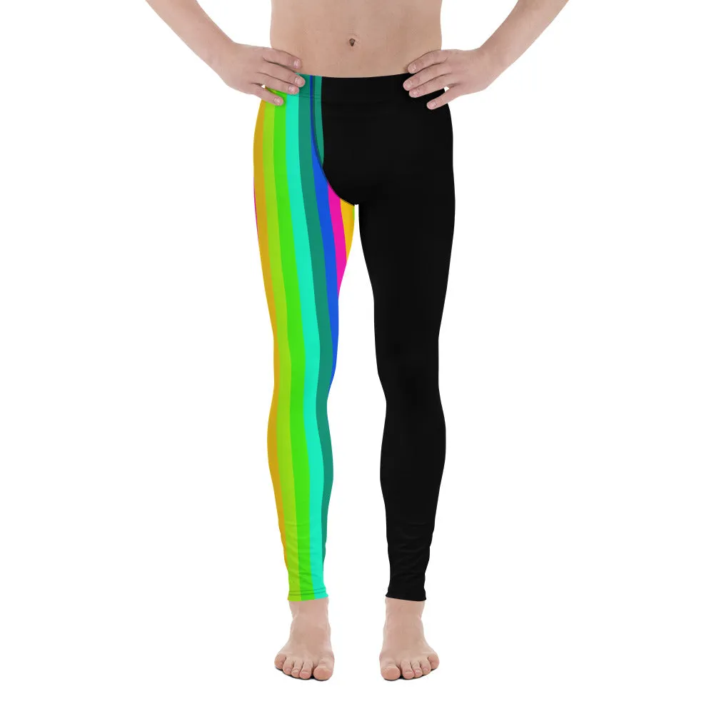 Rainbow Striped Men's Leggings, Black Gay Pride Best Compression Tights Meggings-Made in USA/EU/ MX