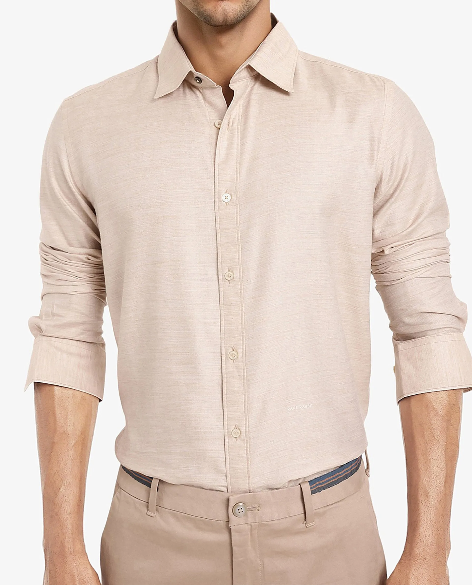 Rare Rabbit Men's Chapelle Beige Cotton Lyocell Fabric Full Sleeves Regular Fit Plain Shirt