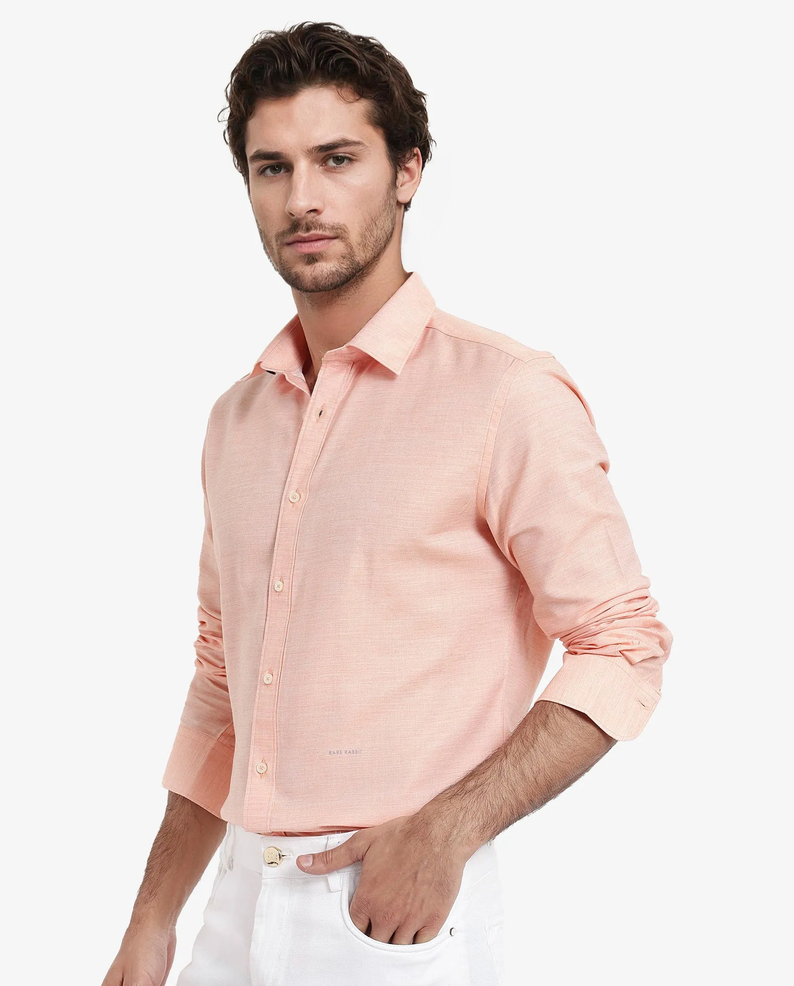 Rare Rabbit Men's Chapelle Flouroscent Peach Cotton Lyocell Fabric Full Sleeves Regular Fit Plain Shirt