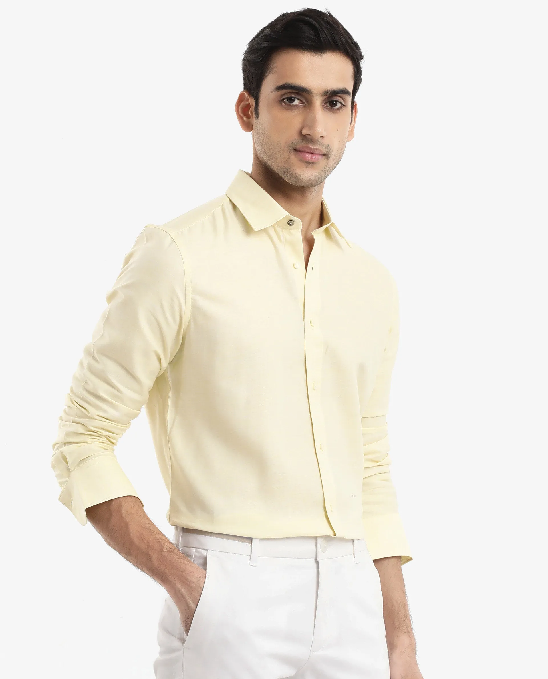 Rare Rabbit Men's Chapelle Flouroscent Yellow Cotton Lyocell Fabric Full Sleeves Regular Fit Plain Shirt