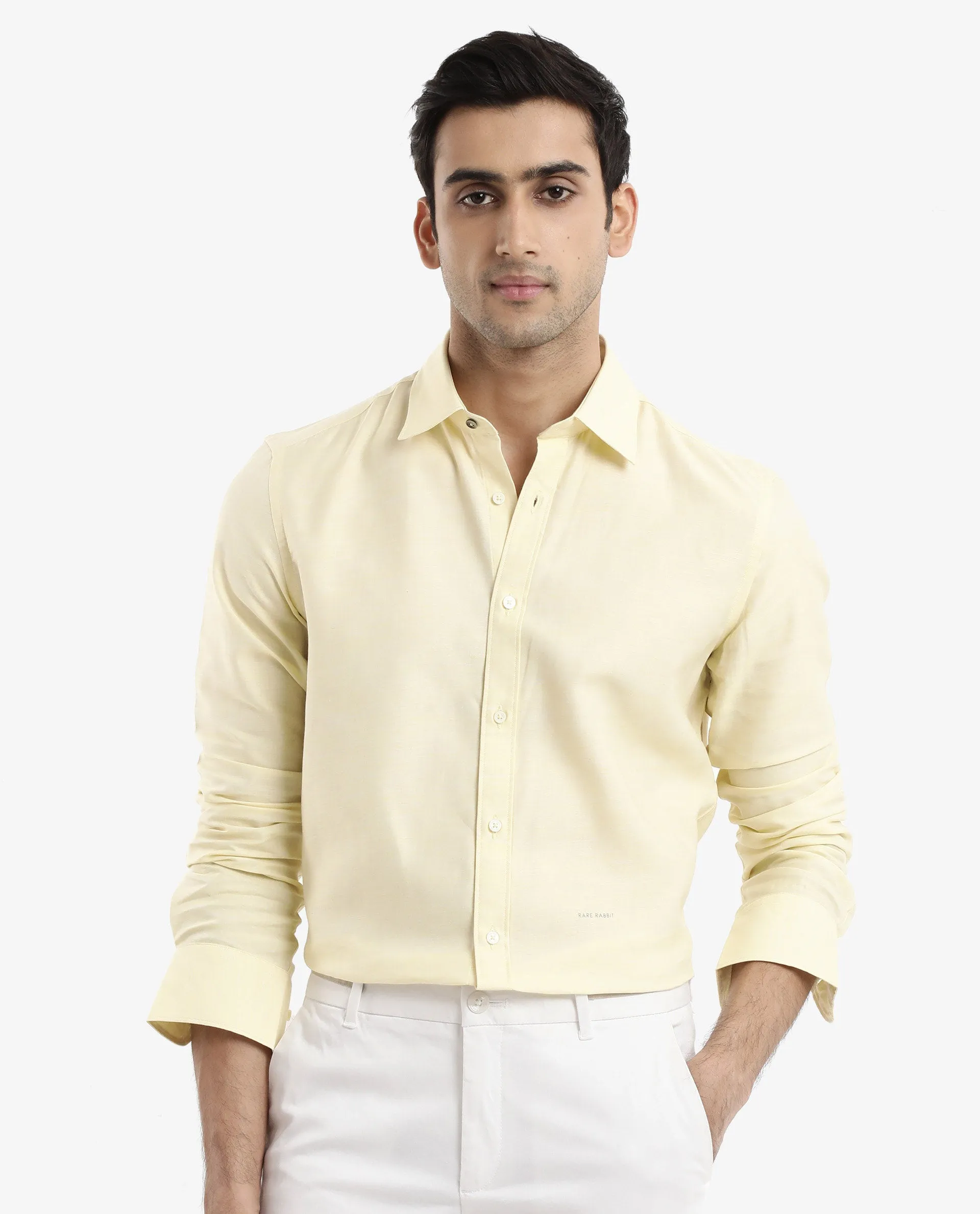 Rare Rabbit Men's Chapelle Flouroscent Yellow Cotton Lyocell Fabric Full Sleeves Regular Fit Plain Shirt