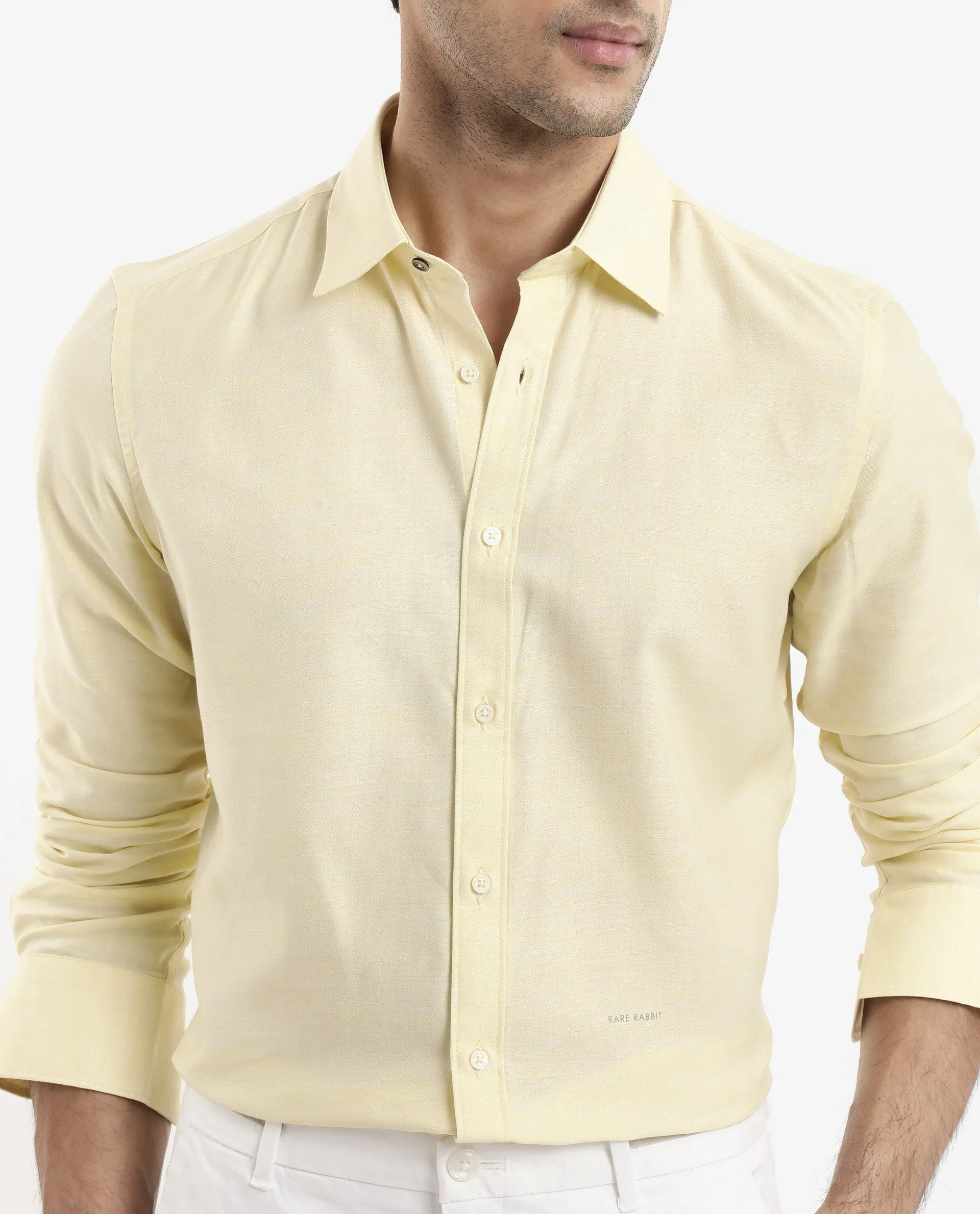 Rare Rabbit Men's Chapelle Flouroscent Yellow Cotton Lyocell Fabric Full Sleeves Regular Fit Plain Shirt