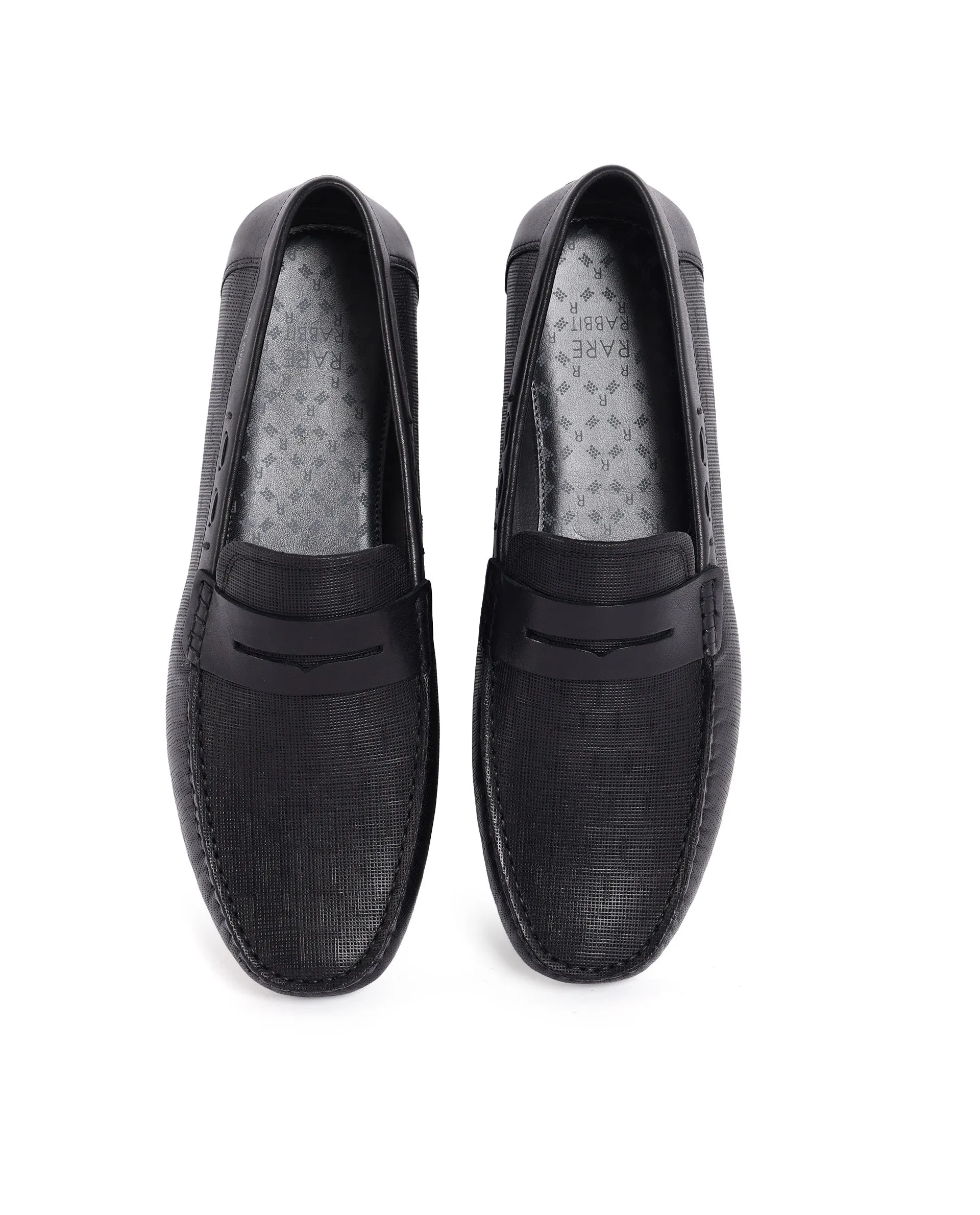 Rare Rabbit Men's Saffian Black Slip-On Textured Genuine Leather Driver Moccasin