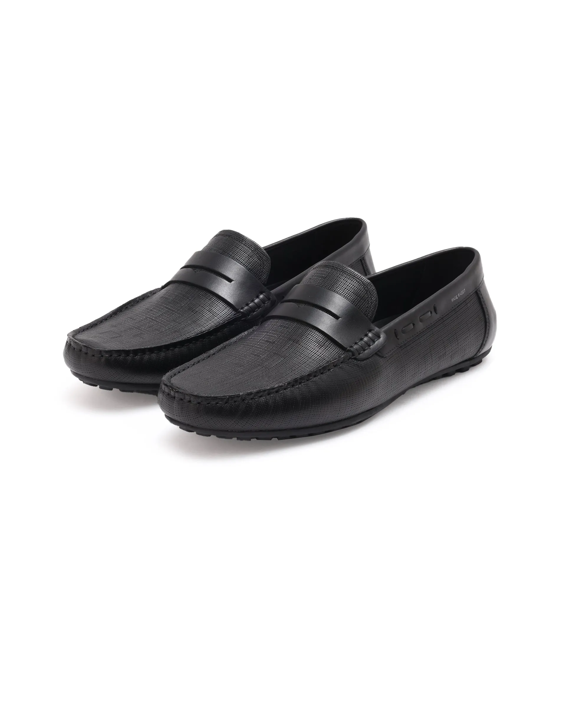 Rare Rabbit Men's Saffian Black Slip-On Textured Genuine Leather Driver Moccasin