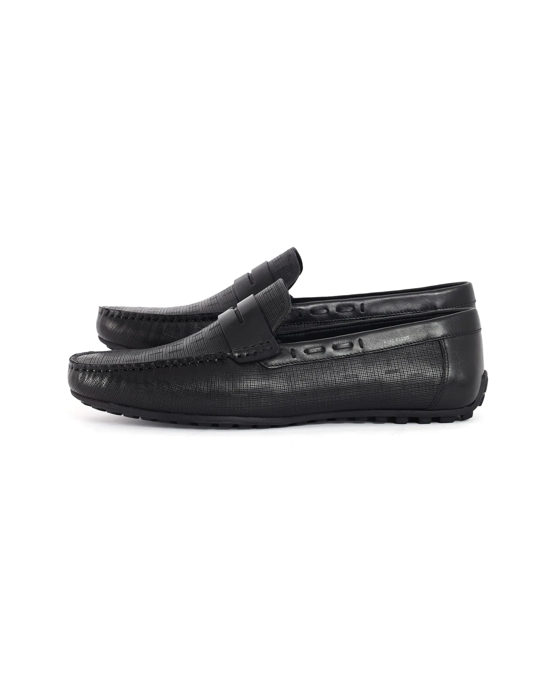 Rare Rabbit Men's Saffian Black Slip-On Textured Genuine Leather Driver Moccasin