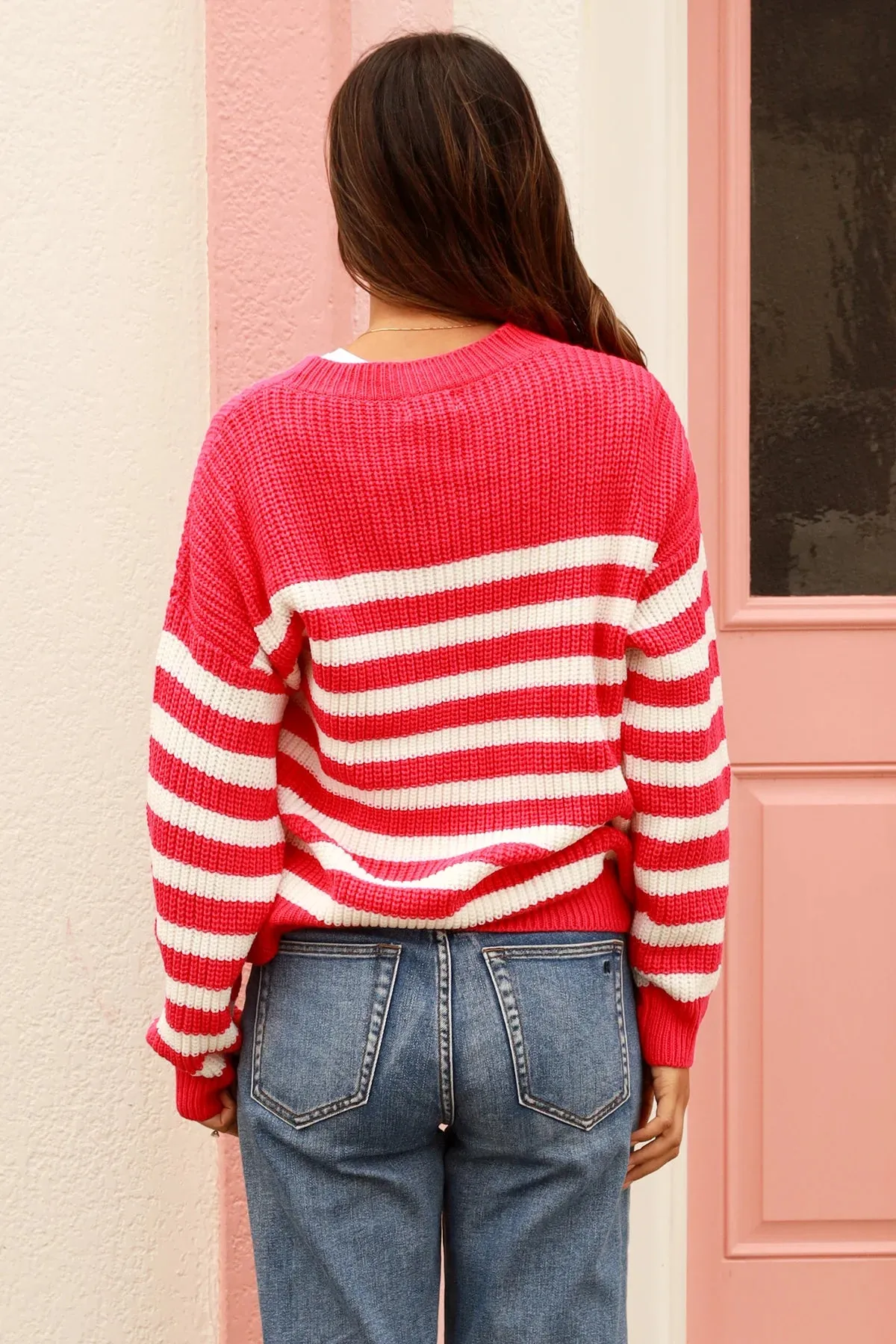 Raspberry and Cream Stripe Jumper