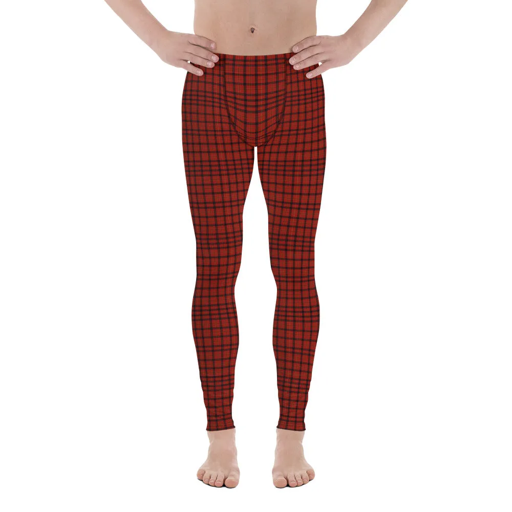 Red Plaid Men's Leggings, Tartan Print Meggings Compression Tights-Made in USA/EU