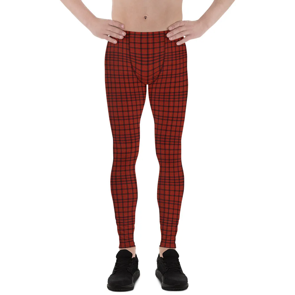 Red Plaid Men's Leggings, Tartan Print Meggings Compression Tights-Made in USA/EU