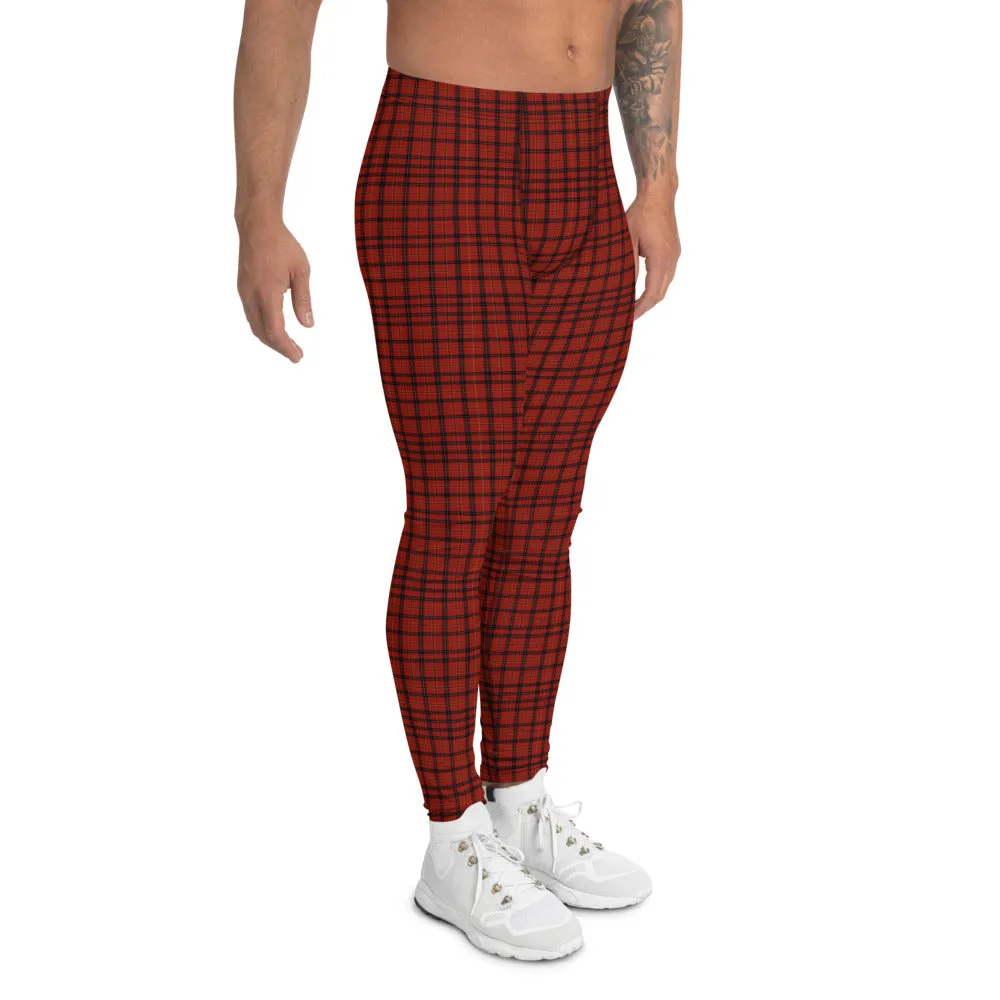 Red Plaid Men's Leggings, Tartan Print Meggings Compression Tights-Made in USA/EU