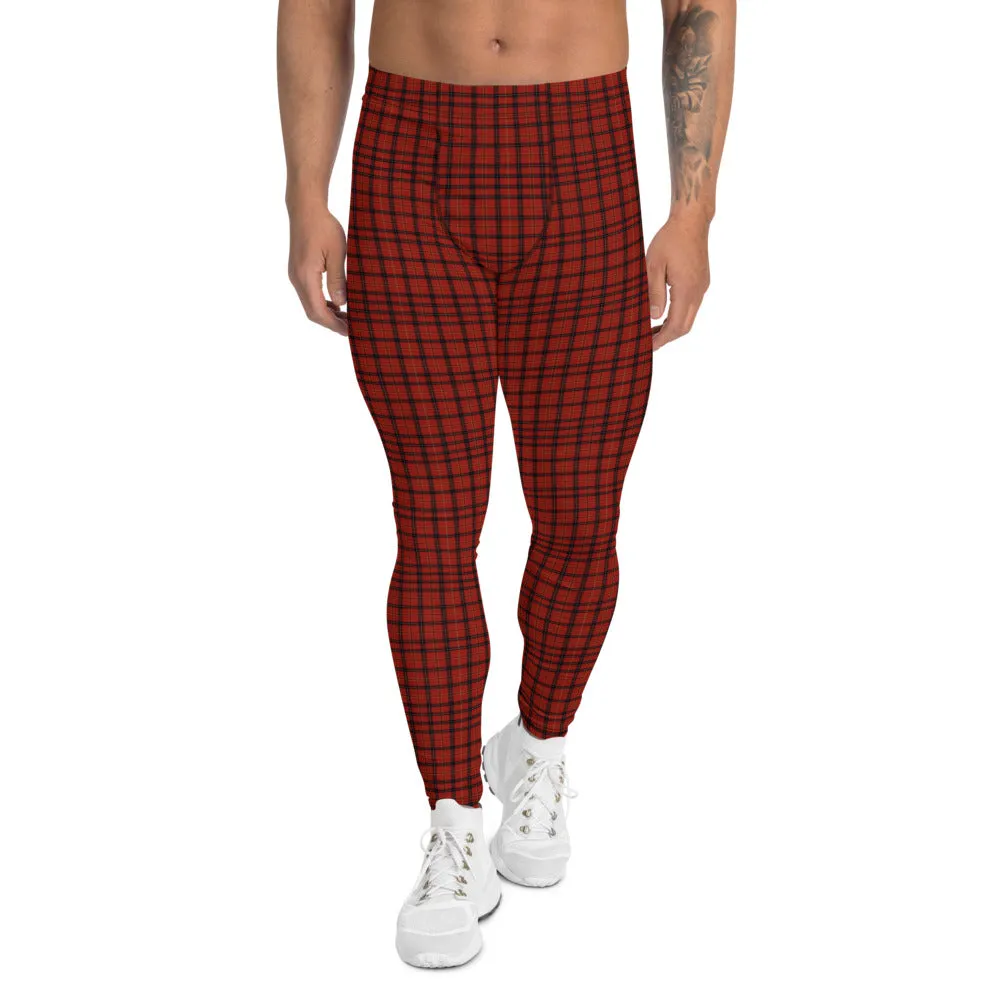 Red Plaid Men's Leggings, Tartan Print Meggings Compression Tights-Made in USA/EU