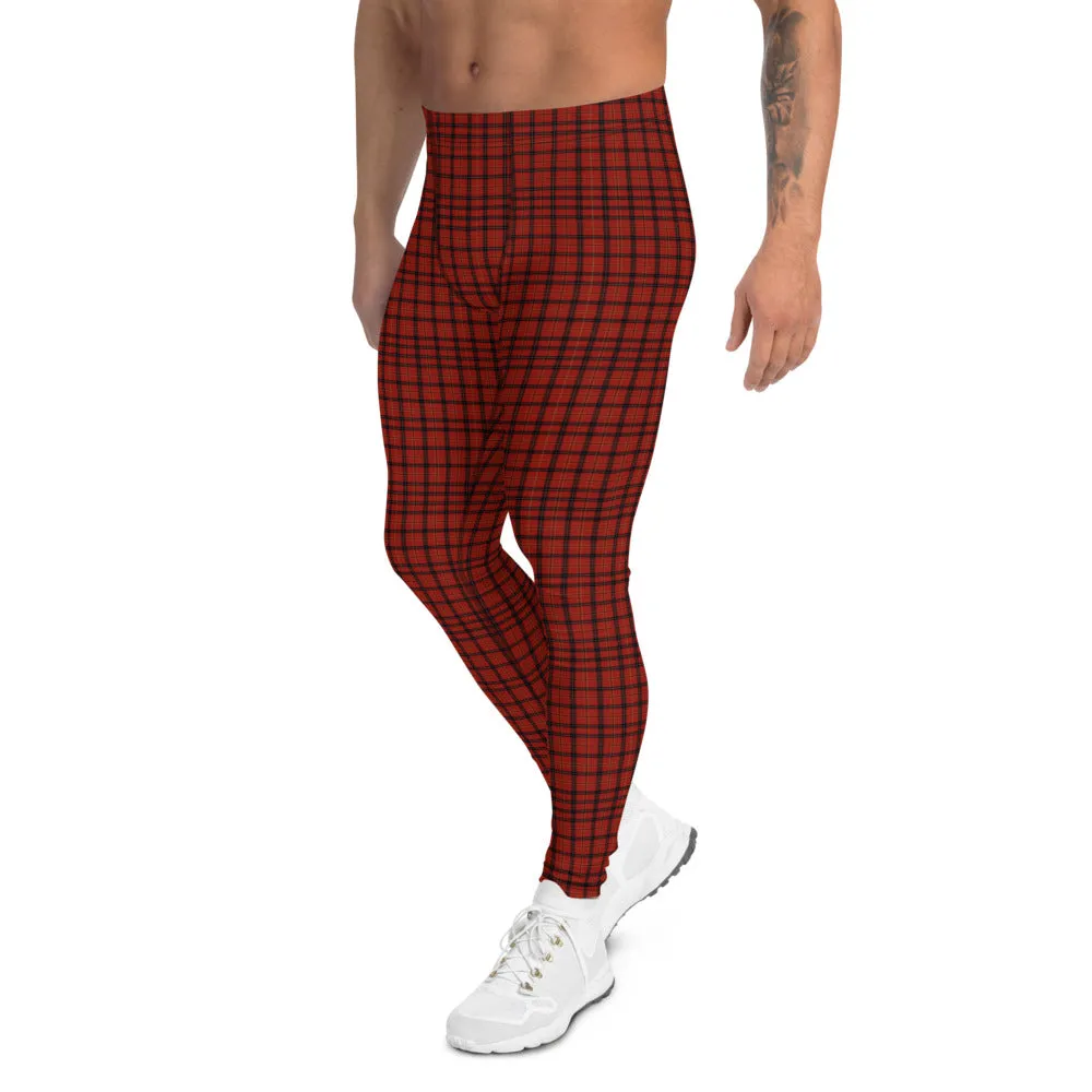 Red Plaid Men's Leggings, Tartan Print Meggings Compression Tights-Made in USA/EU