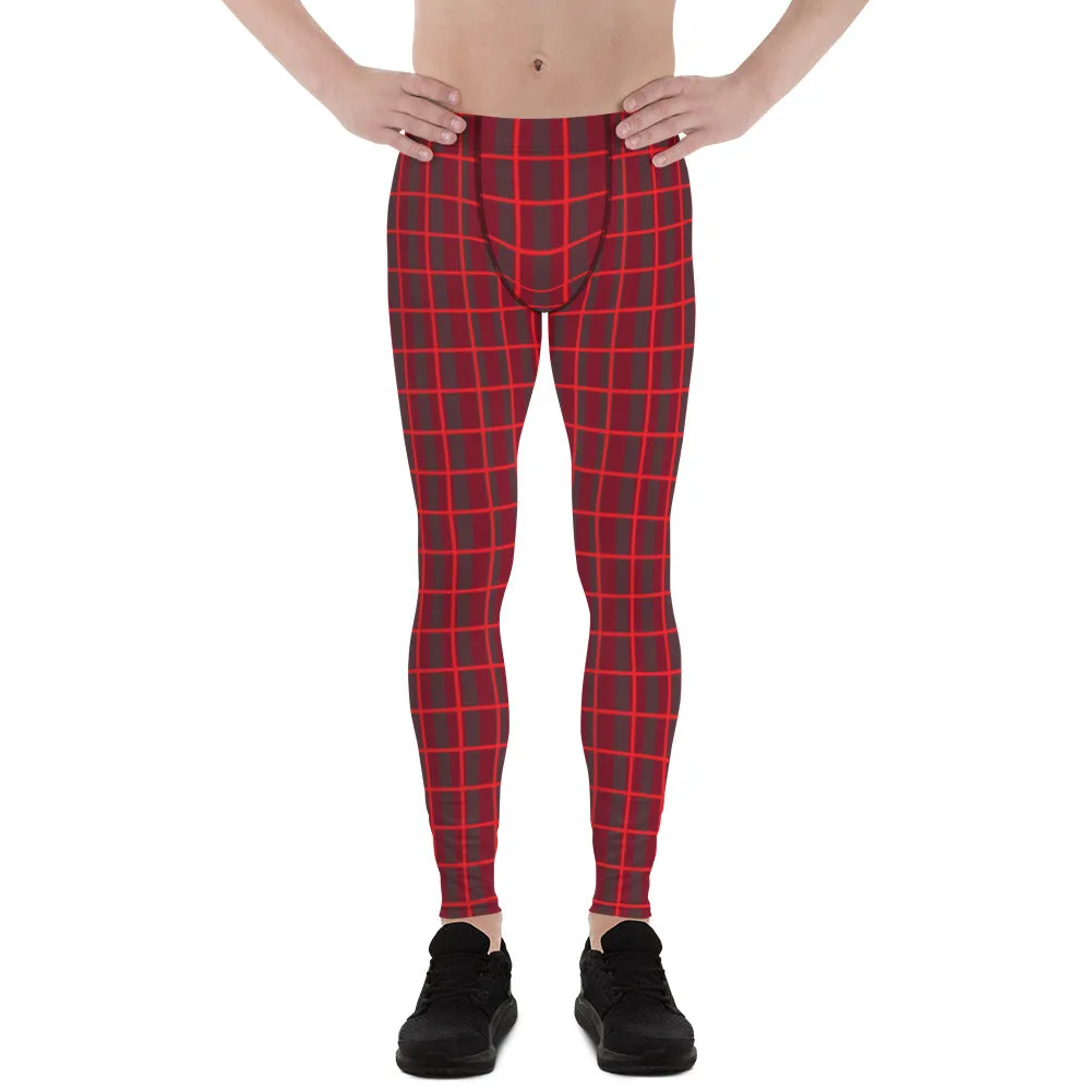 Red Plaid Print Men's Leggings, Plaid Print Christmas Festive Best Holiday Tights For Men - Made in USA/EU/MX