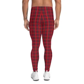 Red Plaid Print Men's Leggings, Plaid Print Christmas Festive Best Holiday Tights For Men - Made in USA/EU/MX