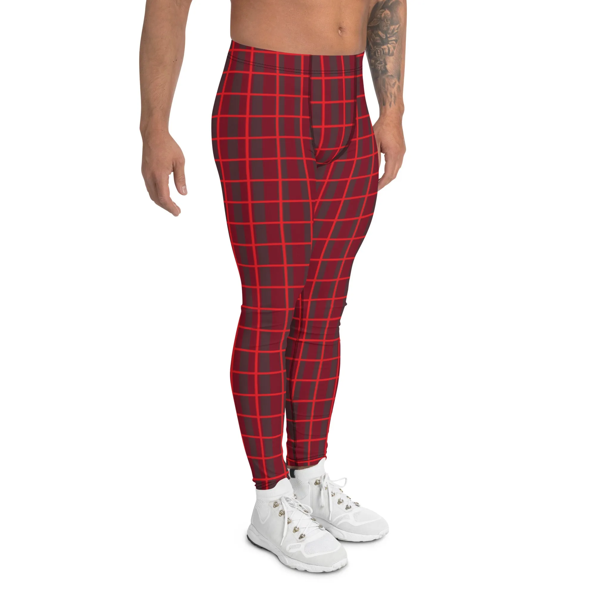 Red Plaid Print Men's Leggings, Plaid Print Christmas Festive Best Holiday Tights For Men - Made in USA/EU/MX