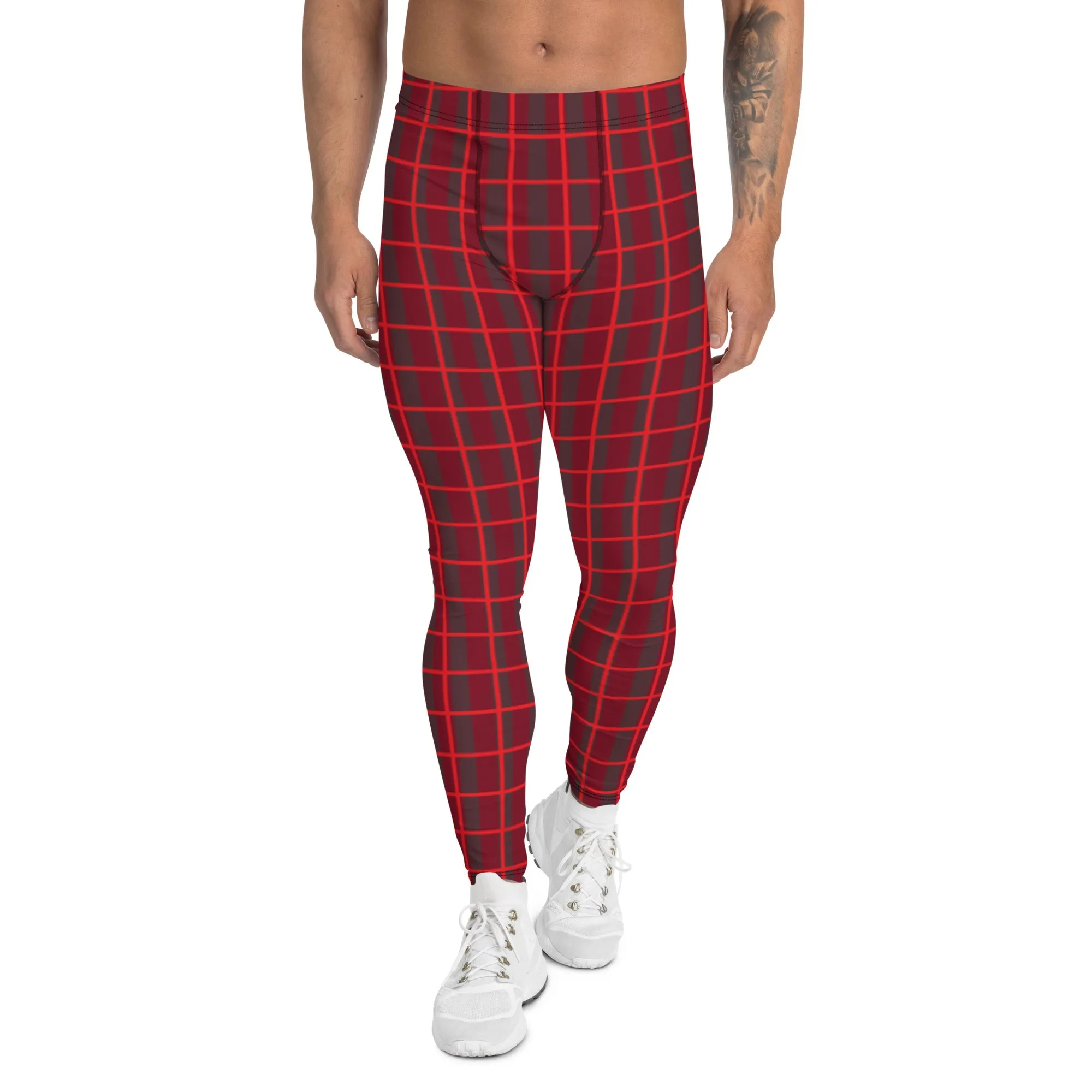 Red Plaid Print Men's Leggings, Plaid Print Christmas Festive Best Holiday Tights For Men - Made in USA/EU/MX