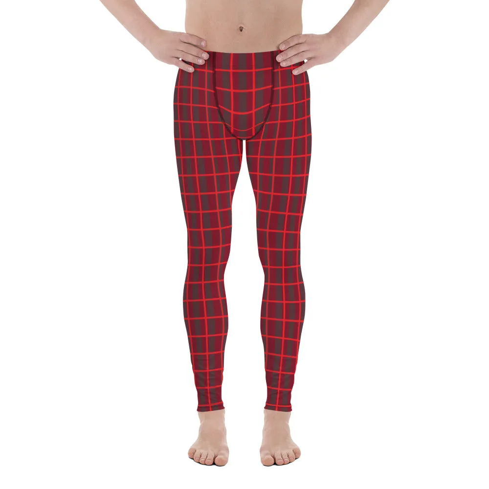 Red Plaid Print Men's Leggings, Plaid Print Christmas Festive Best Holiday Tights For Men - Made in USA/EU/MX