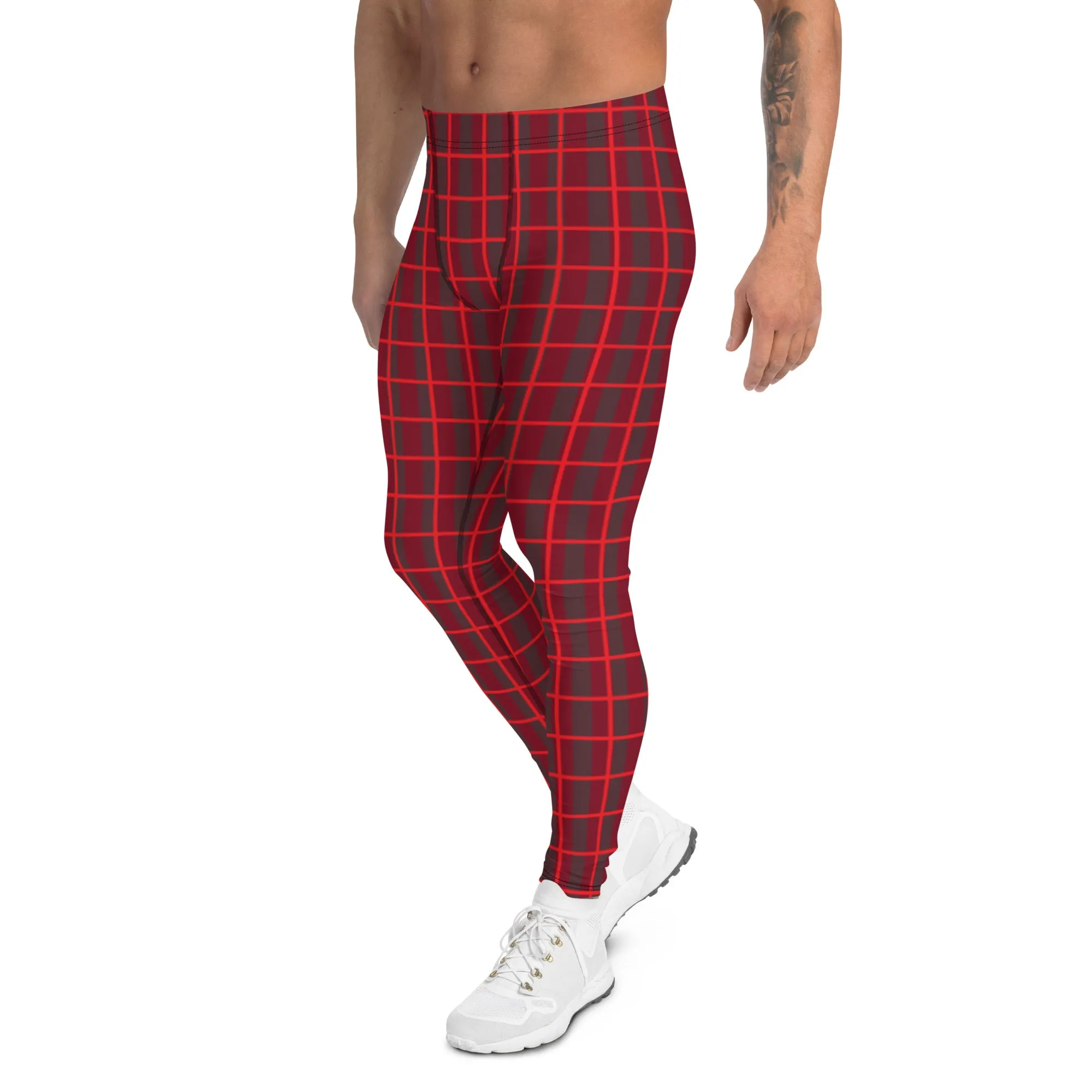 Red Plaid Print Men's Leggings, Plaid Print Christmas Festive Best Holiday Tights For Men - Made in USA/EU/MX