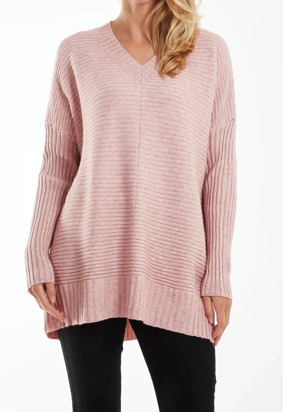 Ribbed Knit V-Neck Longline Jumper (2 Colours)