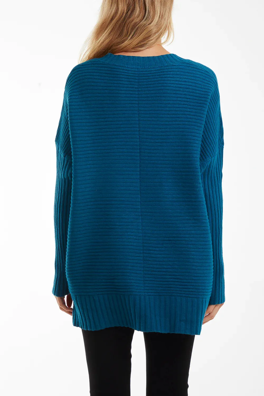 Ribbed Knit V-Neck Longline Jumper (2 Colours)