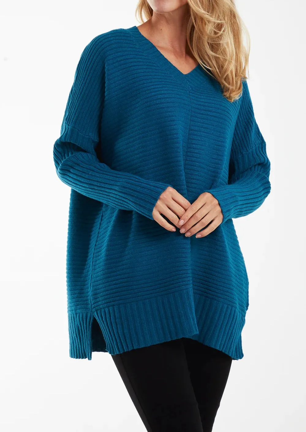 Ribbed Knit V-Neck Longline Jumper (2 Colours)