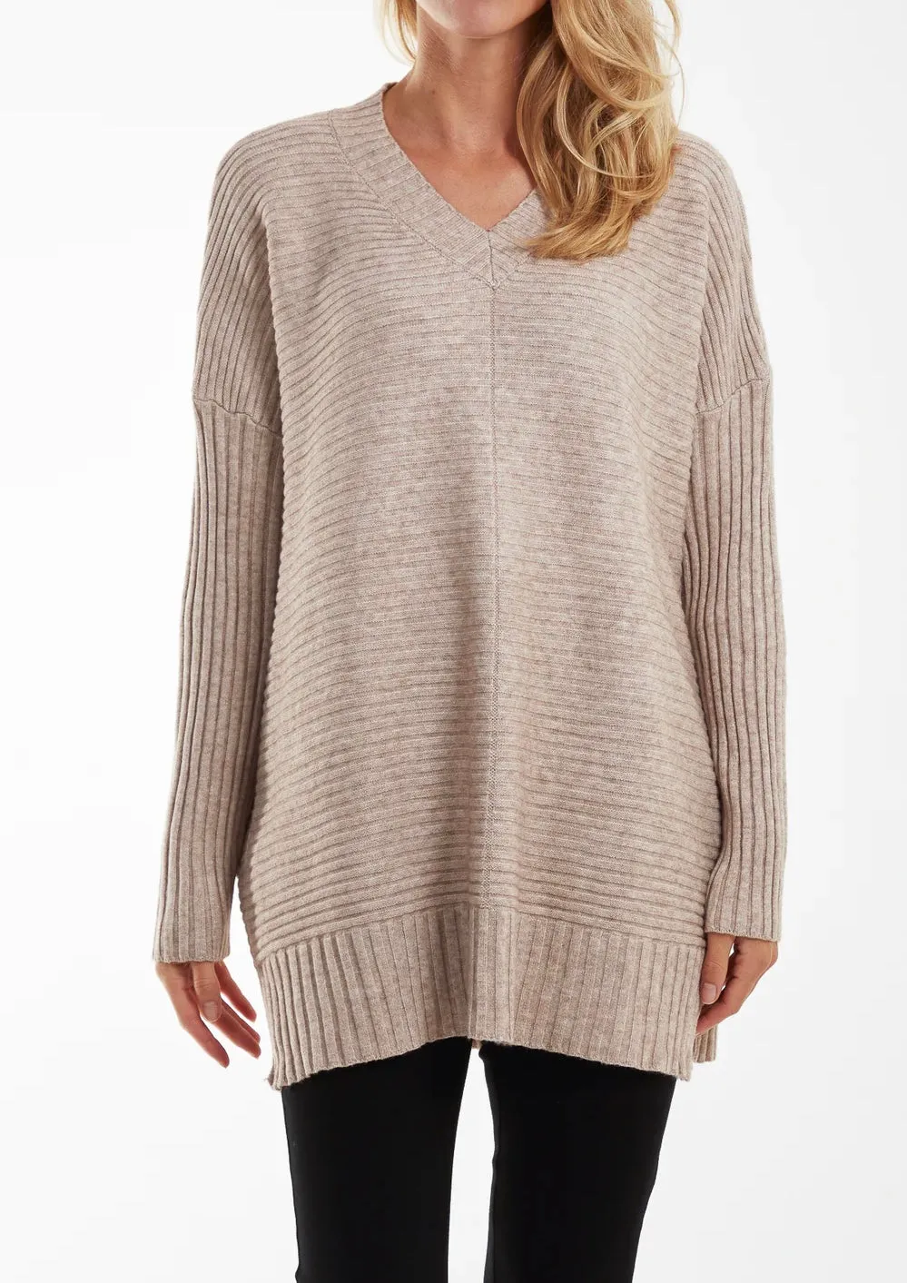 Ribbed Knit V-Neck Longline Jumper (2 Colours)