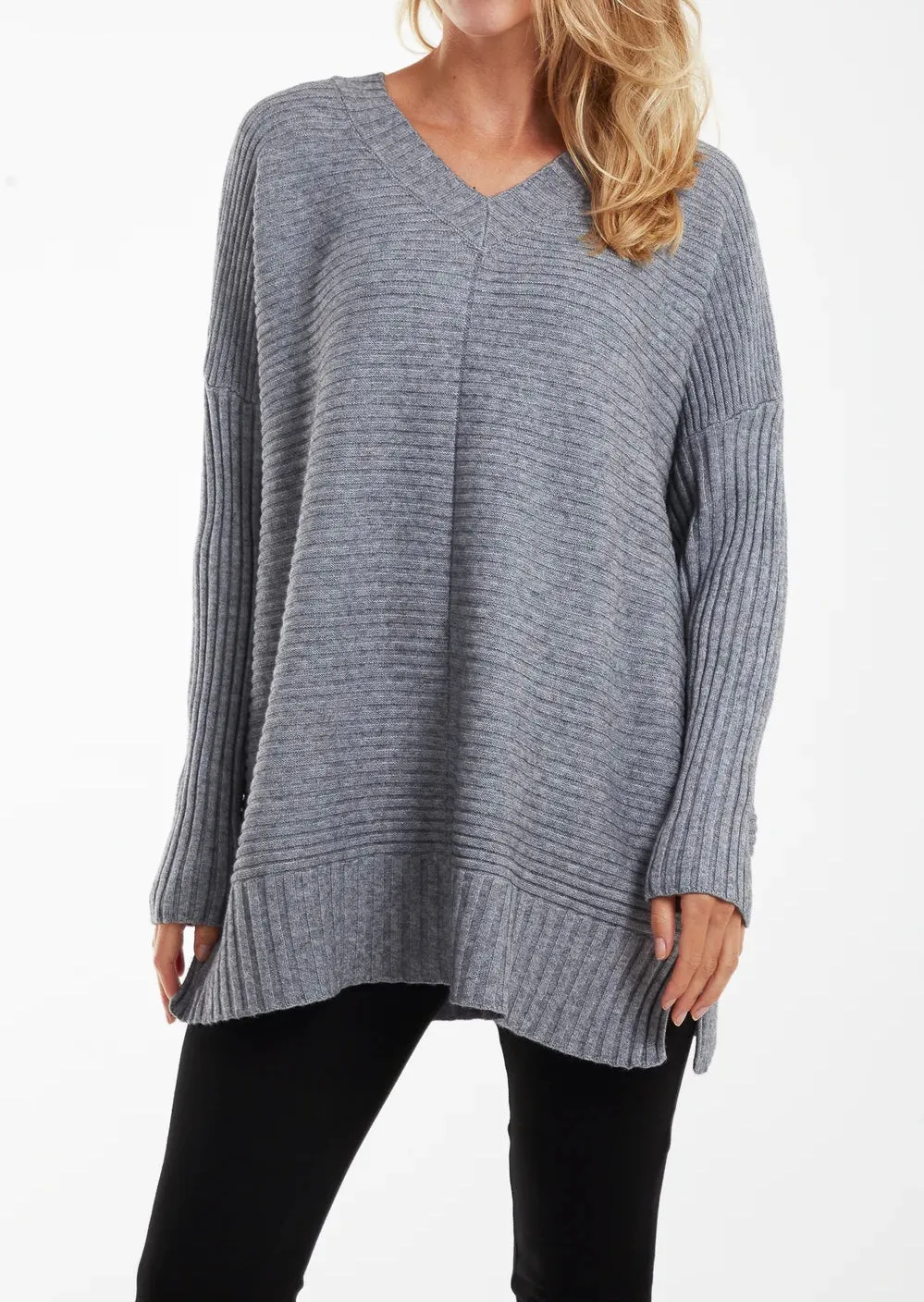 Ribbed Knit V-Neck Longline Jumper (2 Colours)