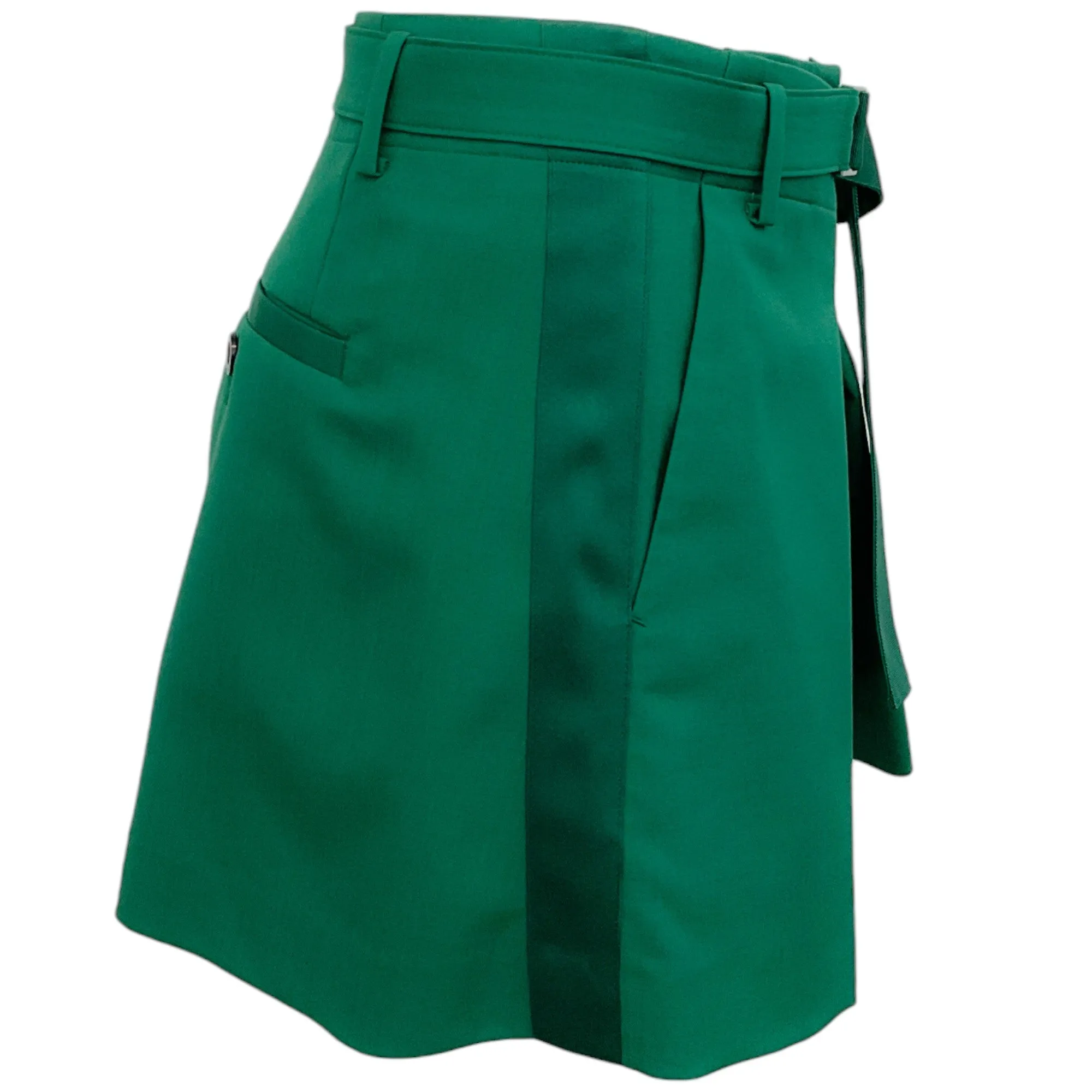 Sacai Green Wool Tuxedo Shorts with Belt