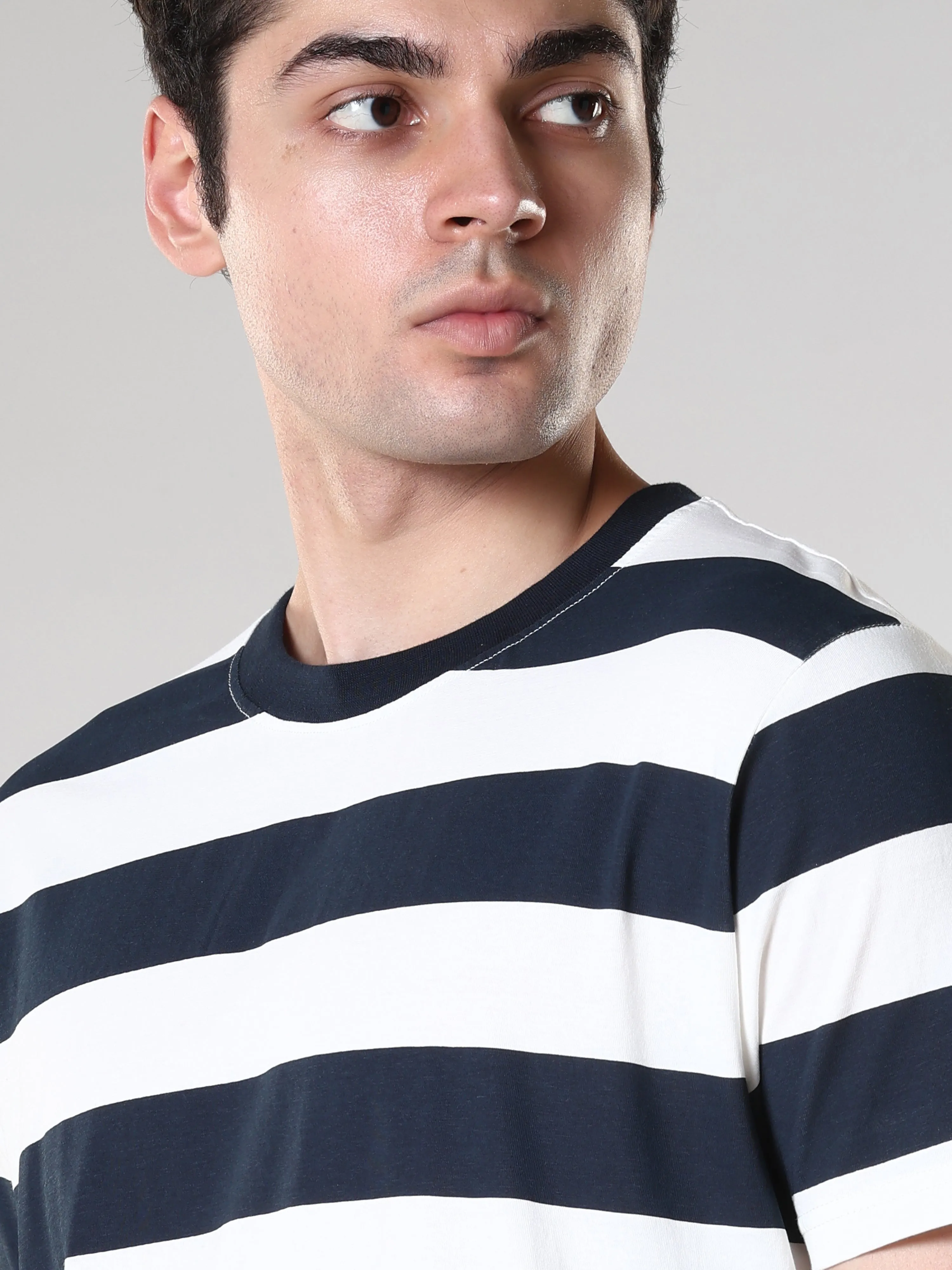 Sage - Striped Polo T-Shirt - Dark Blue