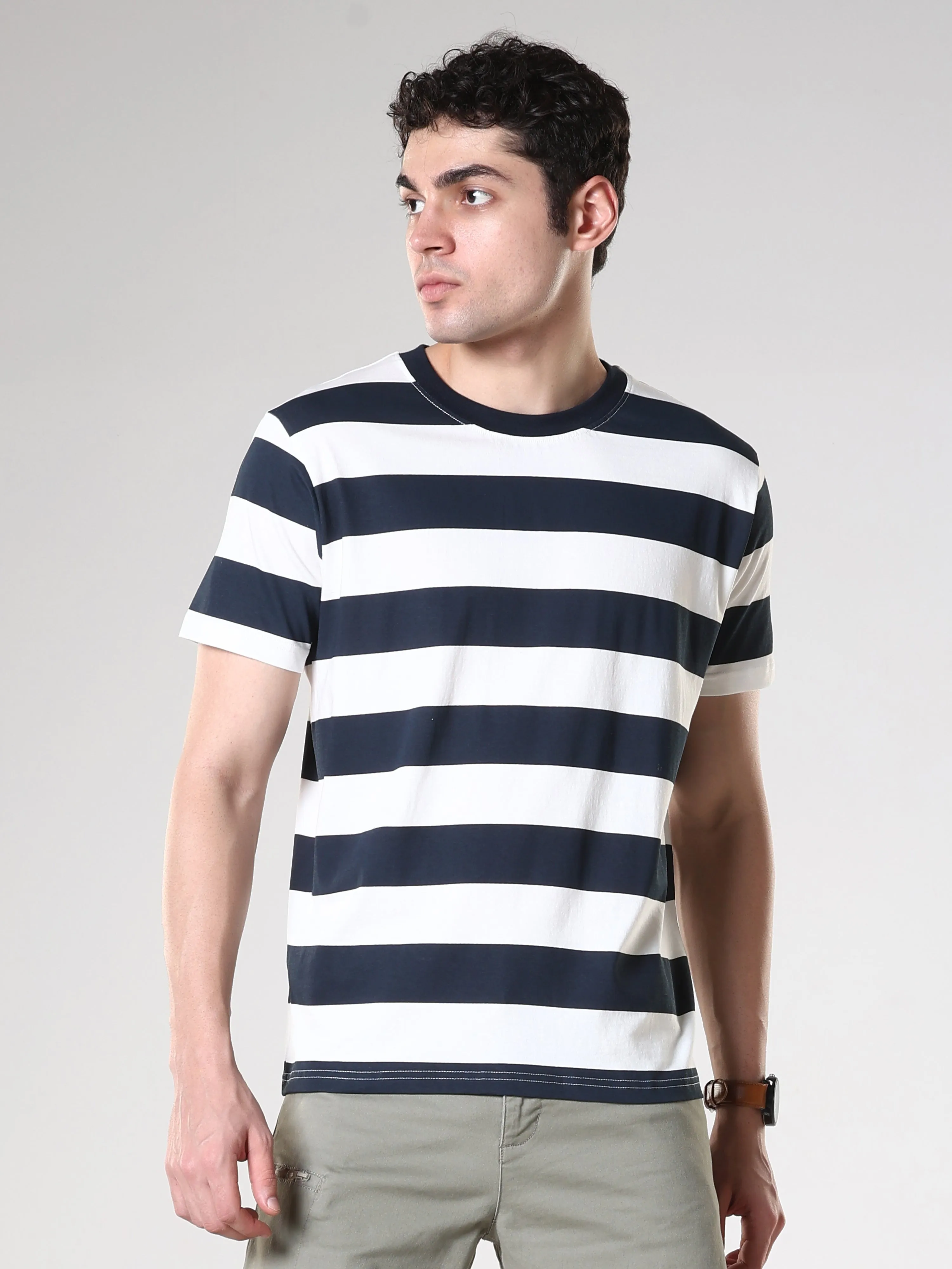 Sage - Striped Polo T-Shirt - Dark Blue