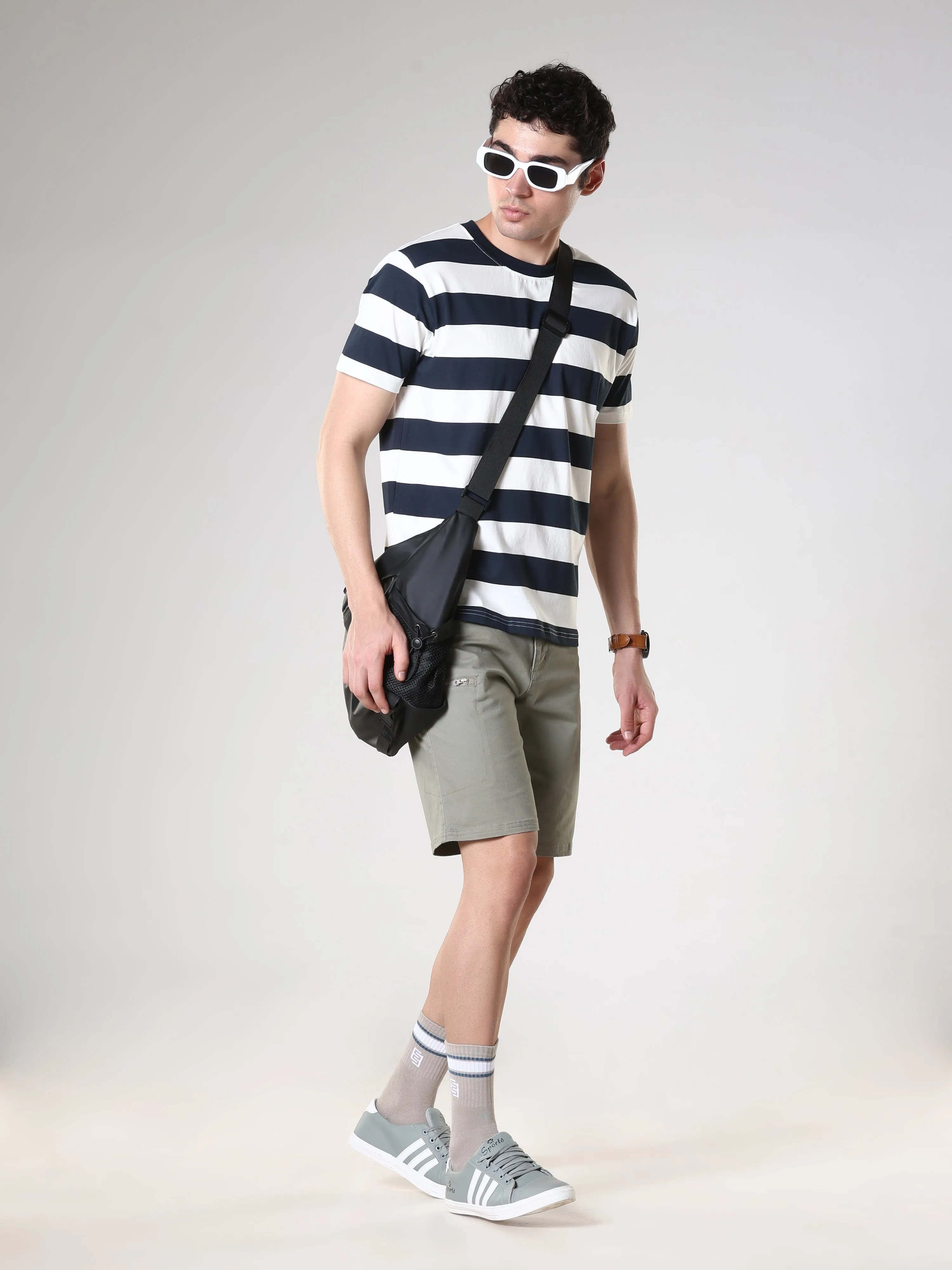 Sage - Striped Polo T-Shirt - Dark Blue