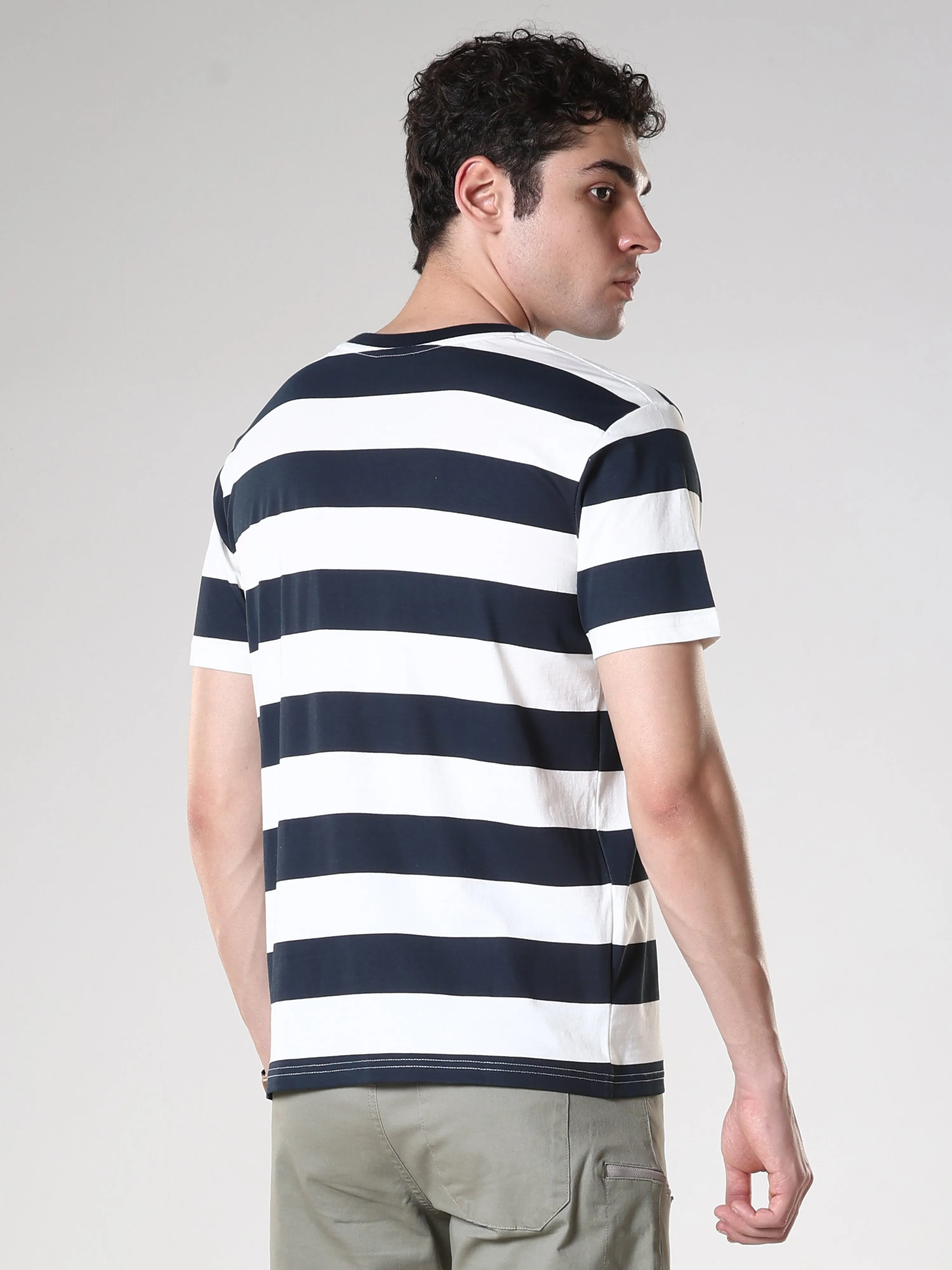 Sage - Striped Polo T-Shirt - Dark Blue