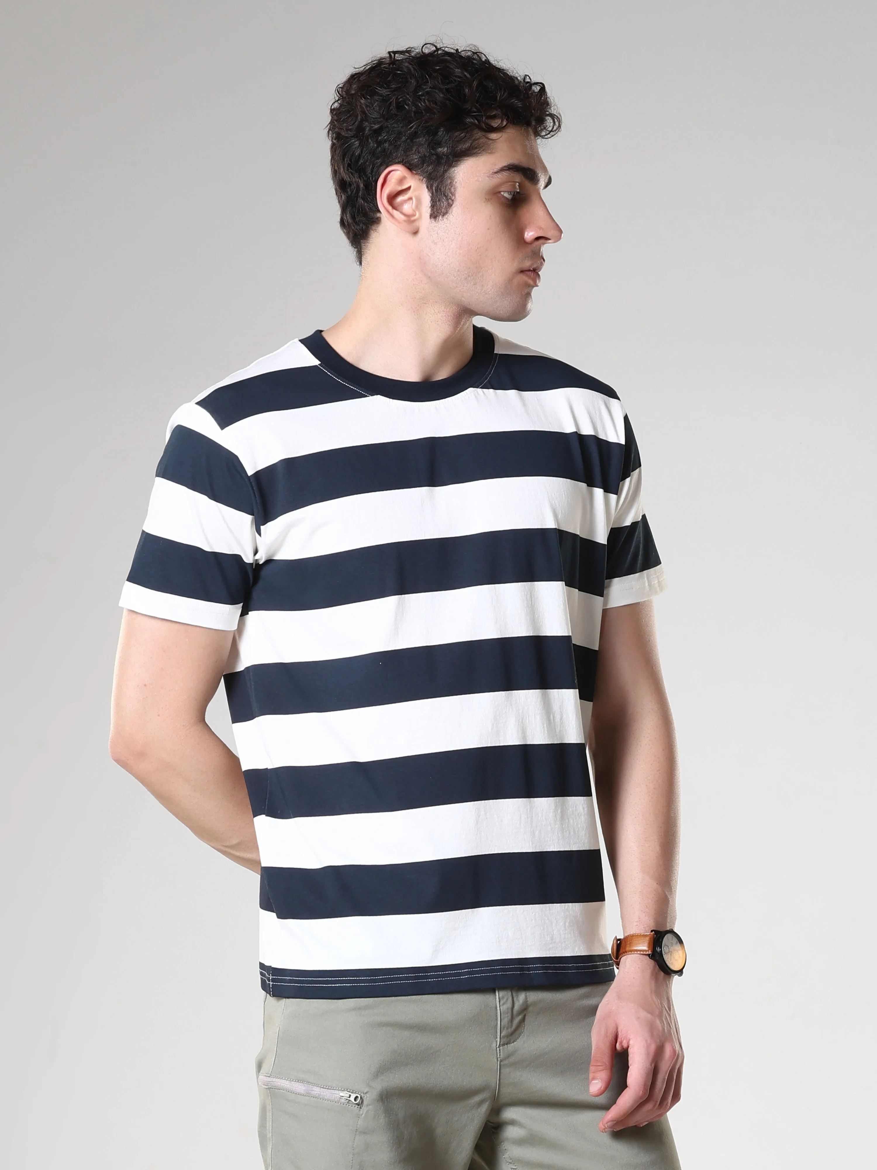 Sage - Striped Polo T-Shirt - Dark Blue