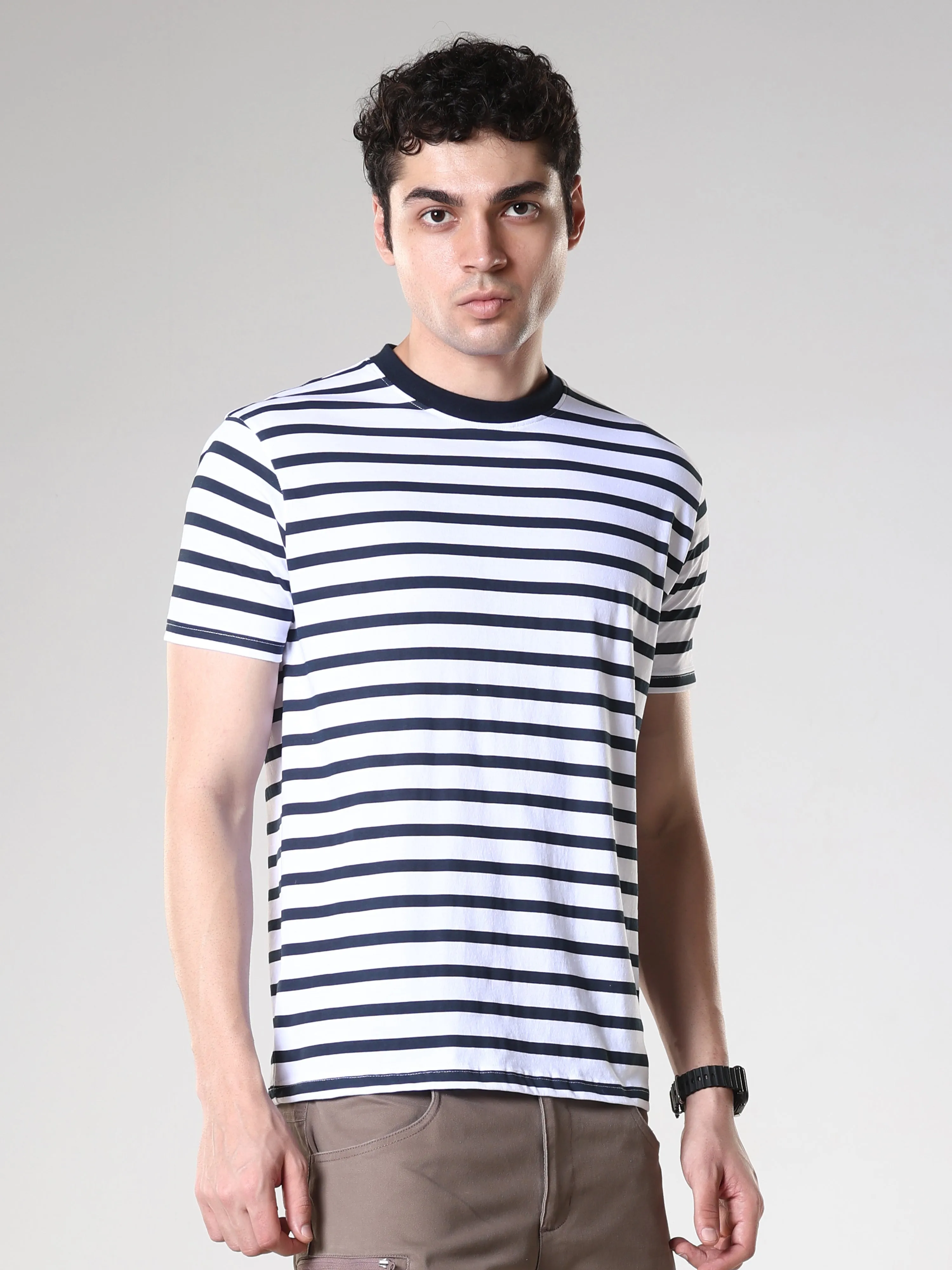 Sage - Striped Polo T-Shirt - Rhino Blue