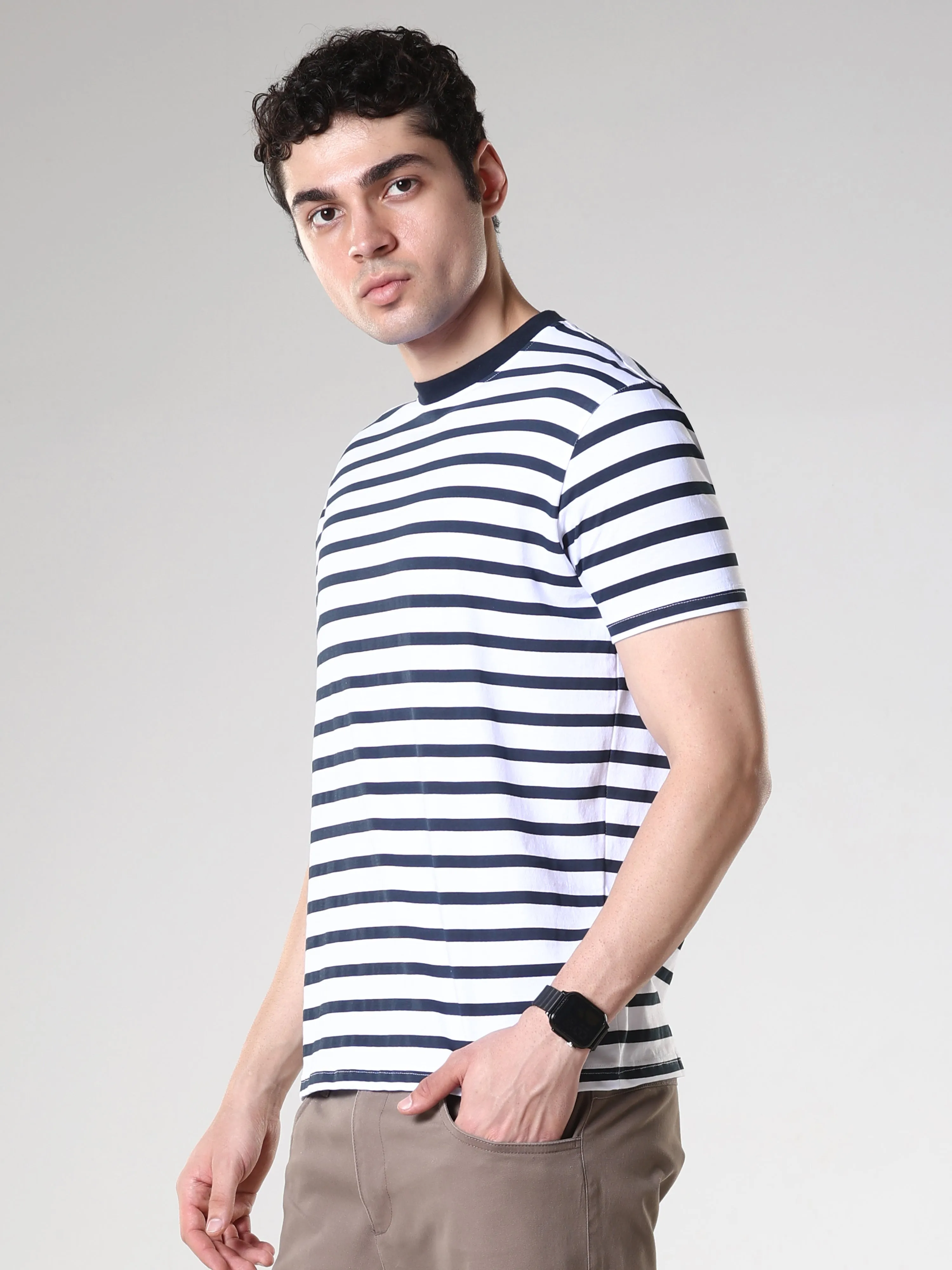 Sage - Striped Polo T-Shirt - Rhino Blue